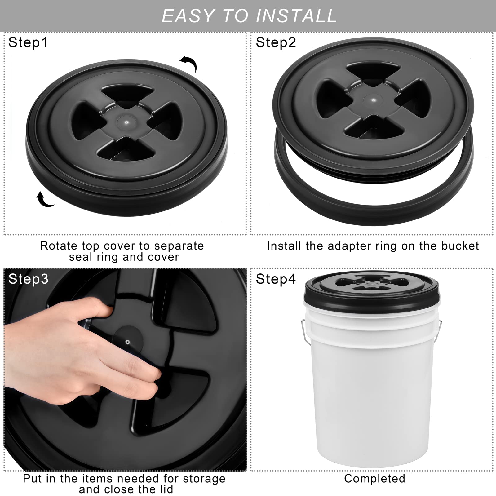 Aodaer 4-Piece 5 Gallon Bucket Twist Lid Set - Reusable Plastic Food Storage Container Lids (Black & White) - Airtight Seal for Dry Food, Pet Supplies & Bulk Storage