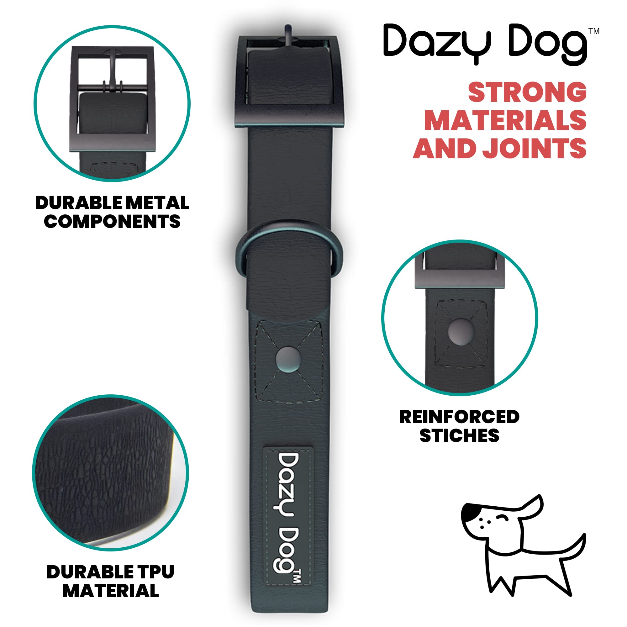 **Dazy Dog Waterproof Durable Dog Collar – Odor-Resistant & Easy-Clean TPU Collar – Stronger Than Biothane, Silicone & Rubber – Fits Small, Medium & Large Dogs (Large, Black) – Perfect for Hiking, Swimming & Outdoor Adventures**
