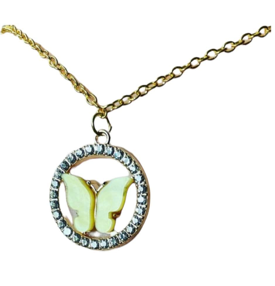 Yellow Butterfly Pendant Necklace - 16 Inch Gold Tone Curb Chain with Rhinestone Butterfly Charm for Women, Gift for Her, Birthday, Anniversary, Valentine's Day