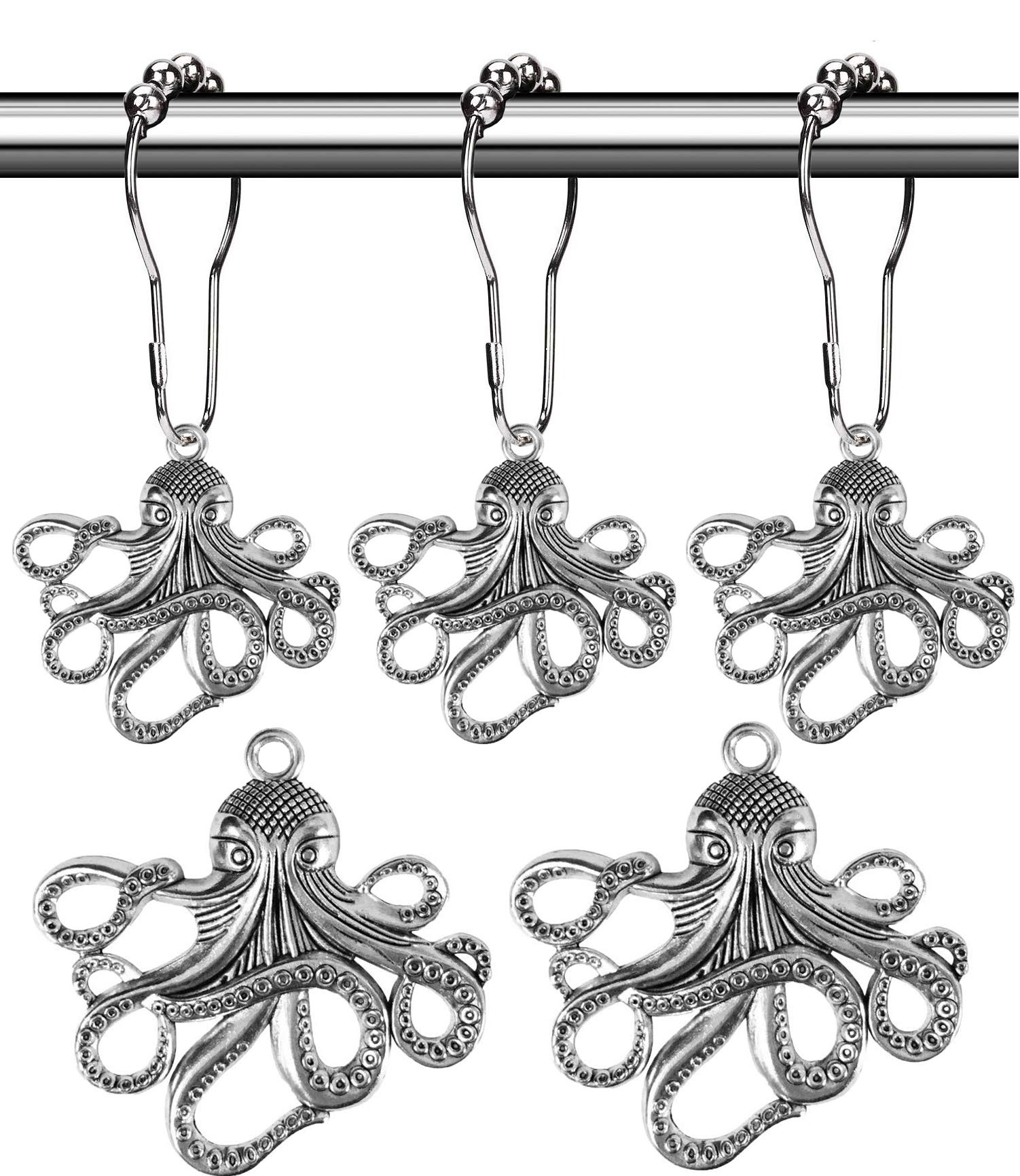Silver Metal Octopus Shower Curtain Hooks & Rings - Decorative Bathroom Hangers for Ocean/Beach Theme Decor, Tropical Sea Bathroom Accessories Set - Perfect for Coastal, Nautical & Beach House Bathrooms