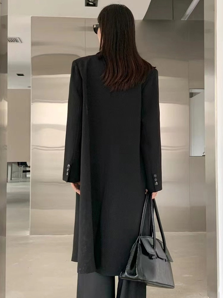 Elegant Black Trench Coat for Women - Double Breasted Lapel Long Sleeve Minimalist Coat | Korean Fashion Style | Perfect for Office, Dating & Fall Outerwear