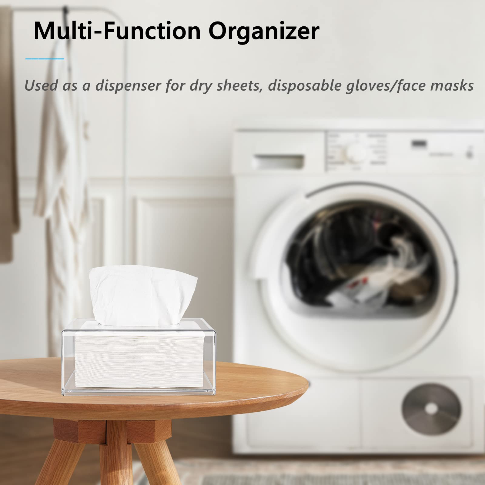 Clear Acrylic Tissue Box Cover - Rectangular Facial Tissue Holder & Dryer Sheets Dispenser for Laundry, Kitchen, Office (10.2