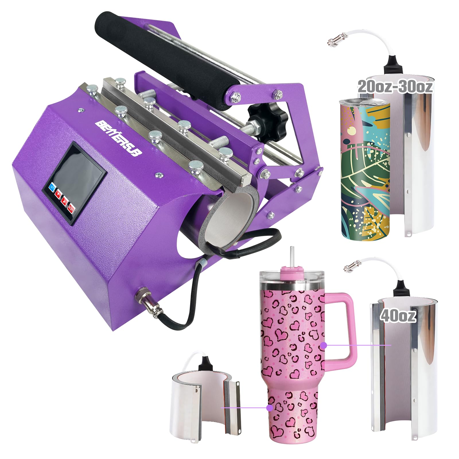 BetterSub 3-in-1 Sublimation Heat Press Machine for 11oz-40oz Tumbler Mugs - Compatible with 11oz, 15oz, 16oz, 20oz, 30oz & 40oz Straight/Skinny Tumblers - Purple Heat Transfer Mug Press for DIY Crafts, Gifts & Small Business Use