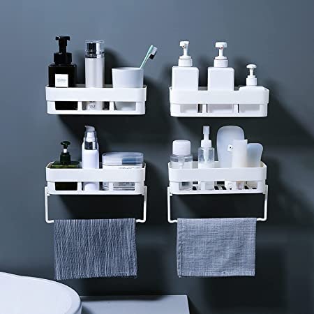 Cpixen Plastic Wall Hooks - Adhesive Sticker Hooks for Kitchen, Bathroom Storage - Space Saving Organizer with 4 Shelves & 2 Hangers (Multicolor) - Perfect for Hanging Towels, Robes, Utensils & Small Items