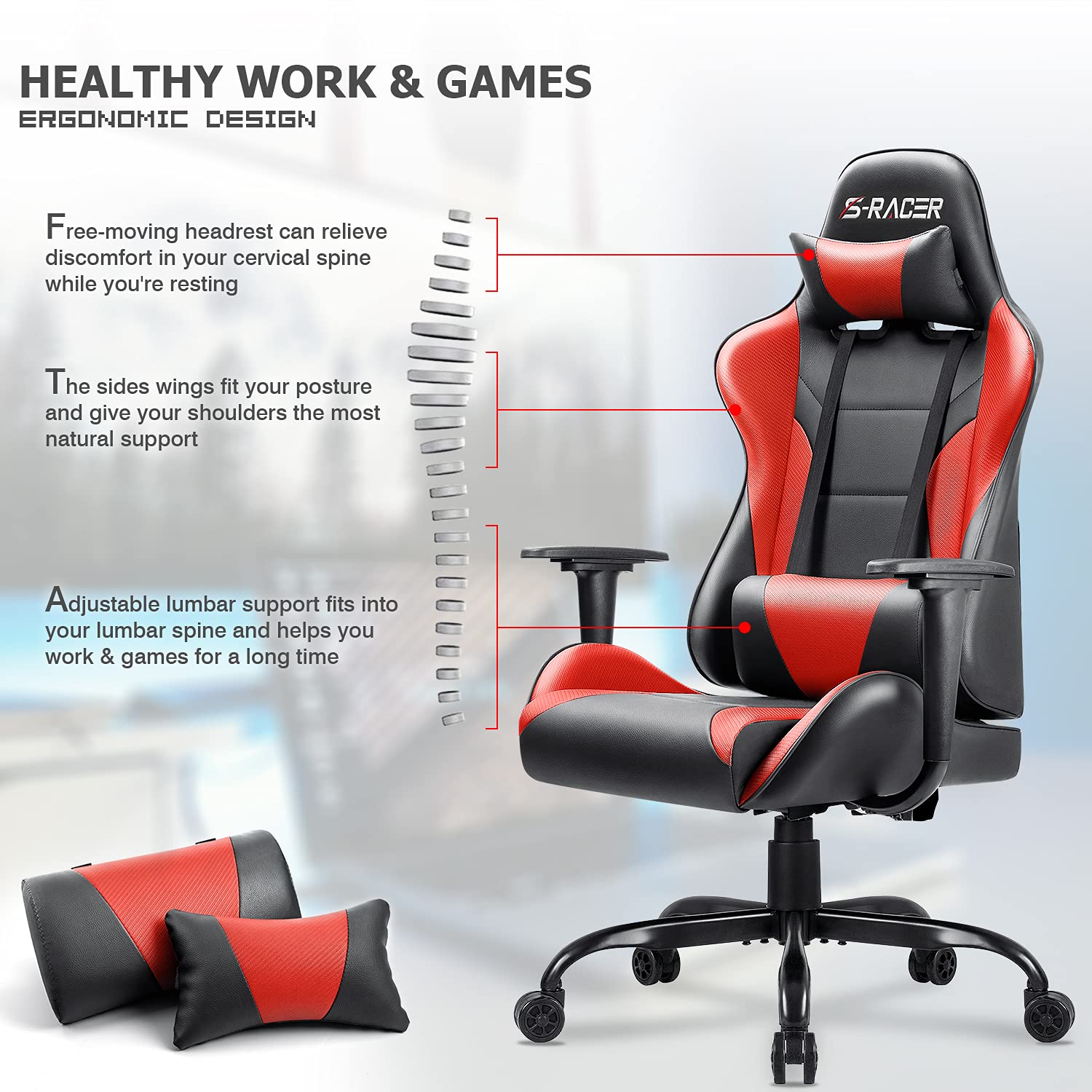 Homall High Back Gaming Office Chair - Ergonomic PU Leather Computer Desk Chair with Adjustable Height, Headrest & Swivel for Adults - Perfect for Gaming, Work & Home Office (Red)