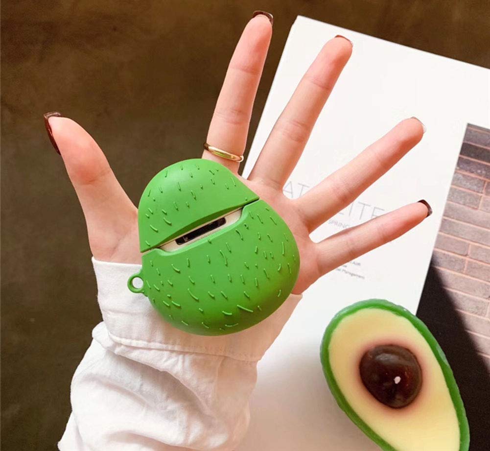 SGVAHY Cute 3D Cartoon Avocado AirPods Case - Soft Silicone Shockproof Cover with Ring Buckle Holder for AirPods 1/2/3/Pro - Fun Creative Fruit Vegetable Design (Avocado Smile) - Perfect for Gym, Travel & Everyday Use