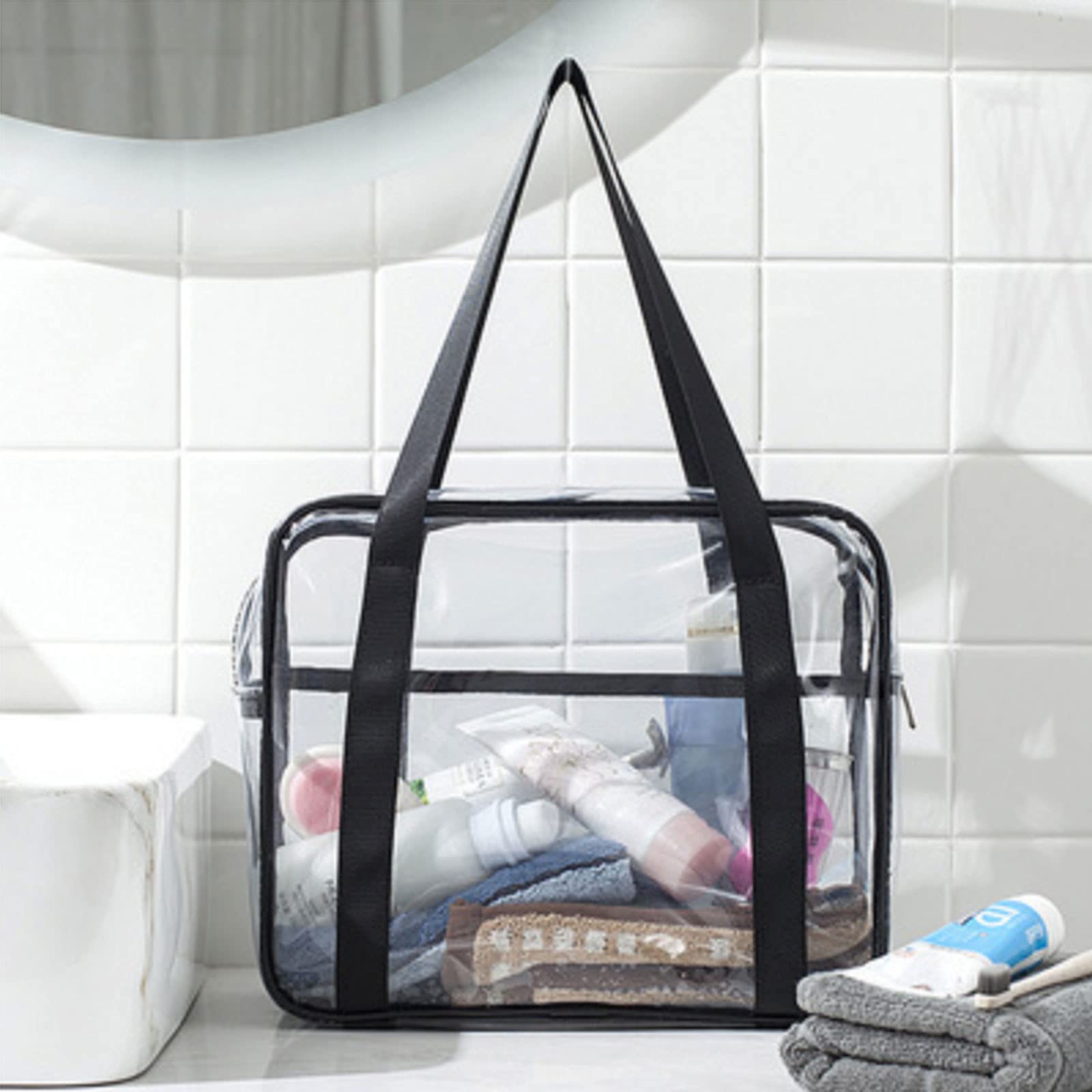 Clear Transparent Tote Bag - Waterproof Cosmetic & Toiletry Organizer - Lightweight Beach Bag for Travel, Gym, Pool & Shopping (Black)