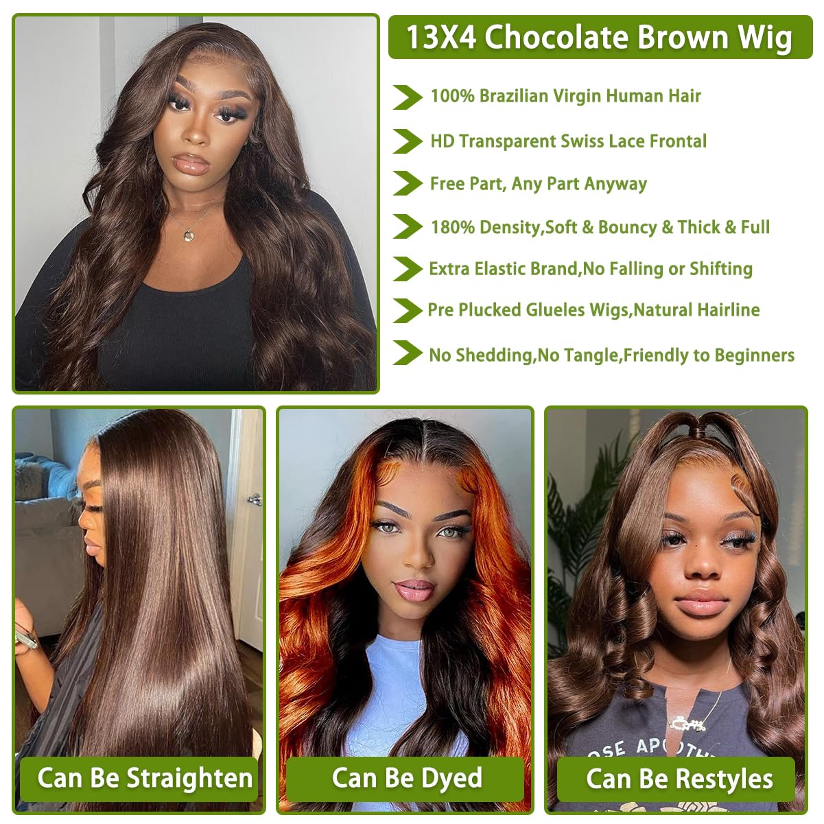 Brown Body Wave Lace Front Wig Human Hair 13x4 Transparent Lace Frontal - 180% Density Glueless Chocolate Colored Wigs for Black Women | Natural Look for Daily Wear, Parties & Special Occasions