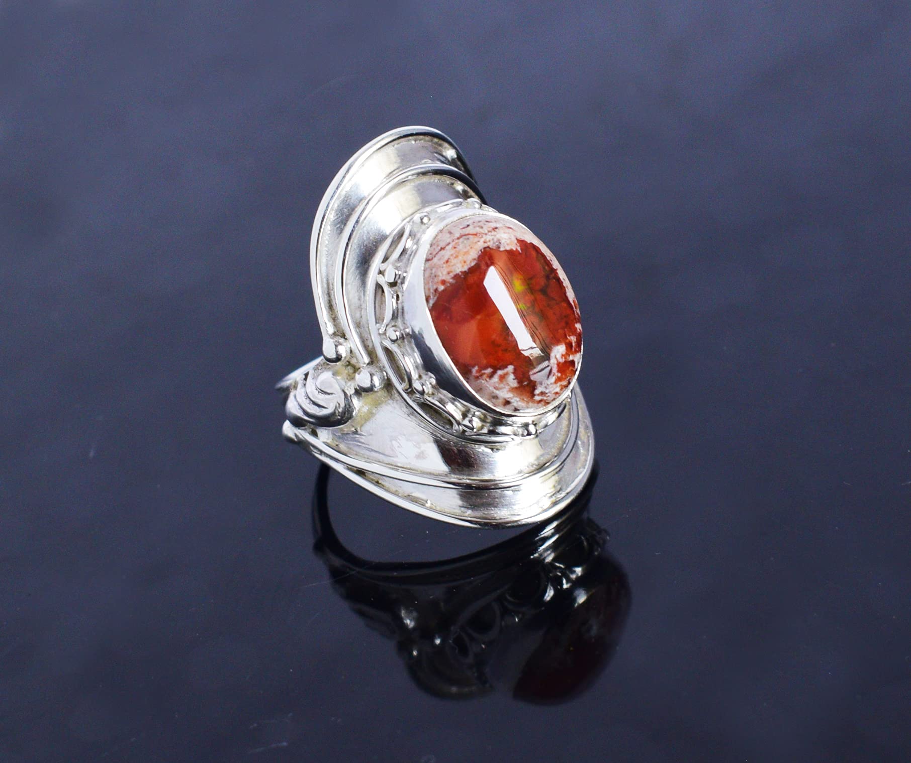 Amazing Mexican Fire Opal Gemstone Ring - 925 Sterling Silver Designer Jewelry for Women, Gift for Her, Wedding, Anniversary, Engagement