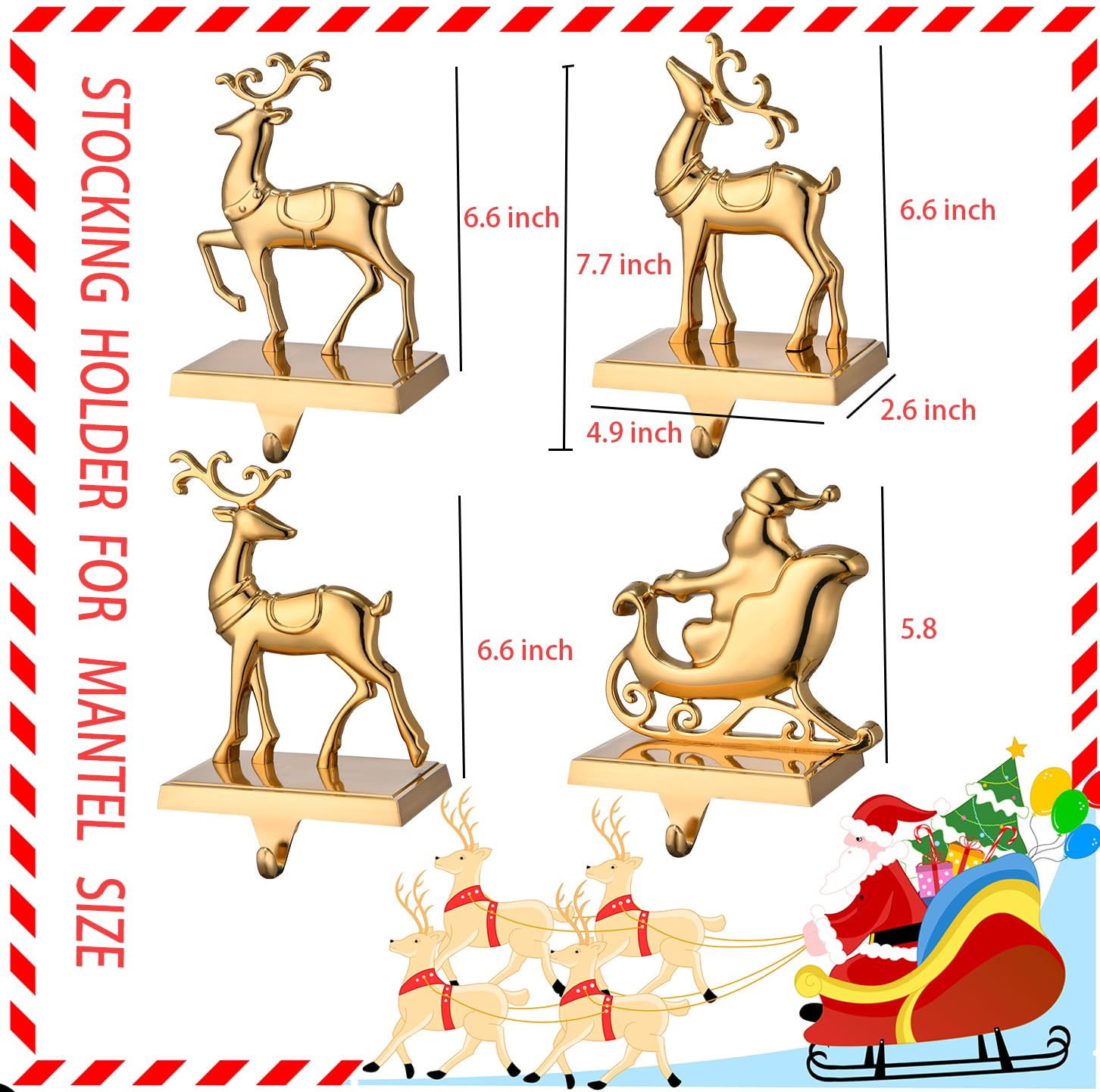 Reindeer Christmas Stocking Hangers for Mantel - Set of 4 Antique Gold Fireplace Stocking Holders, Xmas Mantel Hooks for Hanging Stockings & Ornaments - Perfect for Holiday Decor & Festive Fireplace Displays