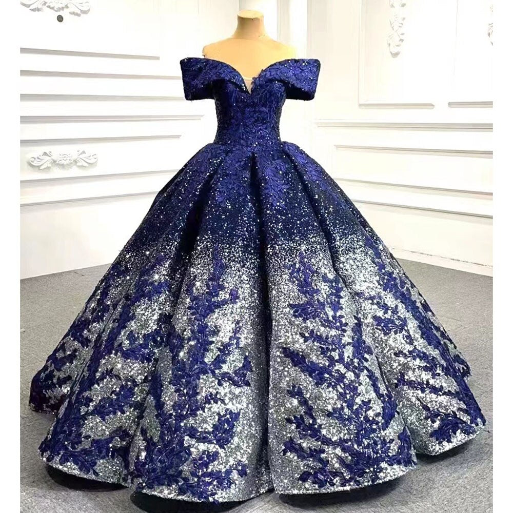 Luxury Blue Beaded Sequined Off Shoulder Wedding Dress for Bride - Custom Made 2025 Serene Hill HM66536B | Elegant Bridal Gown for Beach Weddings, Evening Receptions & Formal Ceremonies