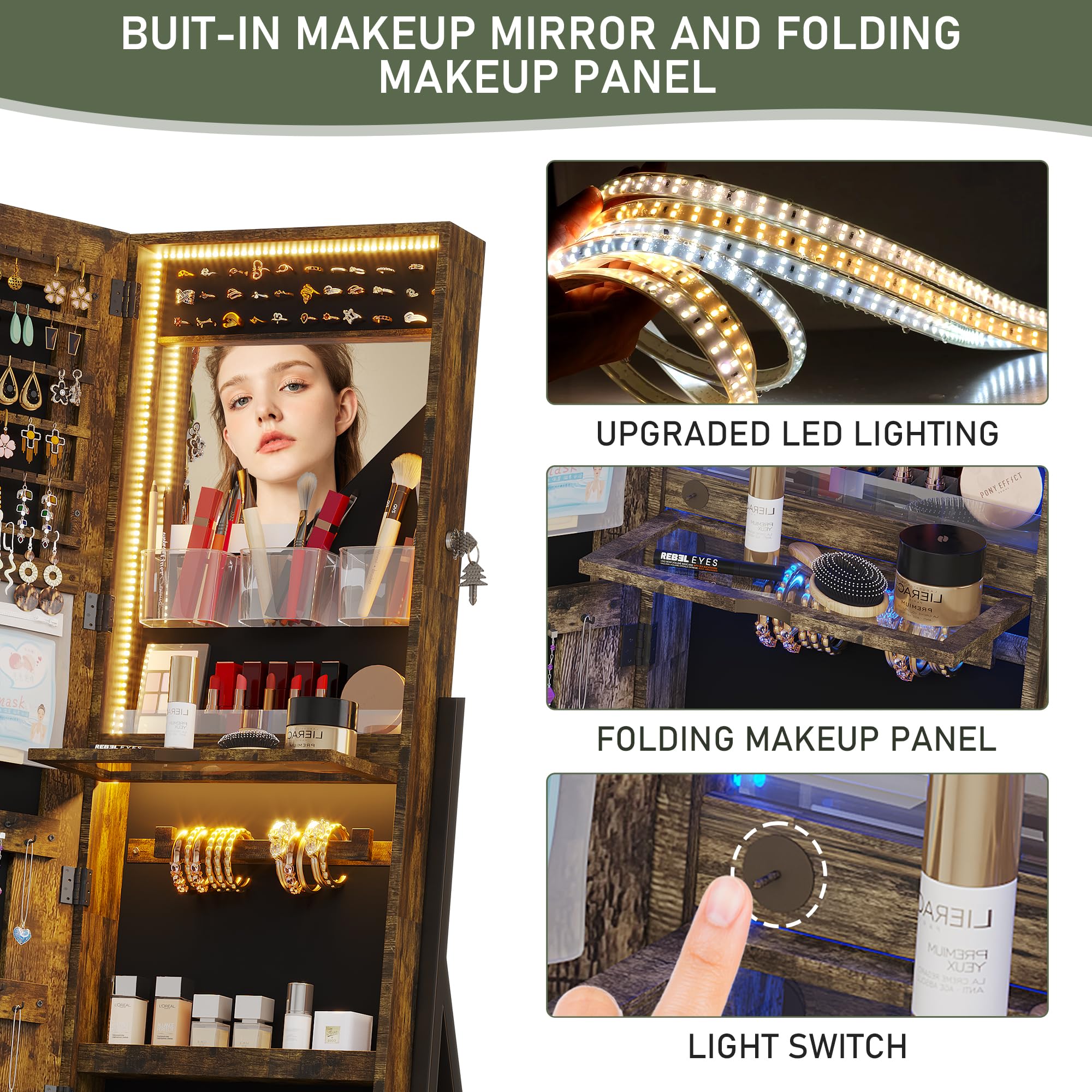 Full-Length LED Standing Mirror with Jewelry Storage - Smart Touch Control, 6 Color Lighting, Lockable Cabinet & Removable Wheels - Perfect for Bedroom, Dressing Room & Vanity Organization