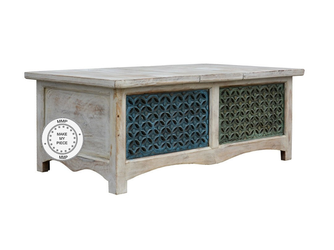 Hand Carved Indian Solid Wood Jali Chest Box with Side Table - Whitewashed Storage for Jewelry, Blankets & Home Decor - Perfect for Bedroom, Living Room & Boho Style Decor