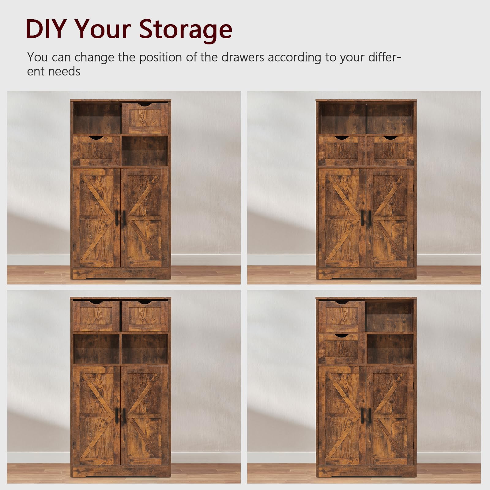 WEENFON Farmhouse Storage Cabinet - Rustic Brown Kitchen Pantry Organizer with 2 Adjustable Drawers & Shelves, Floor Hutch Cupboard for Living Room, Home Office & Kitchen Storage - Perfect for Small Space Organization & Farmhouse Decor