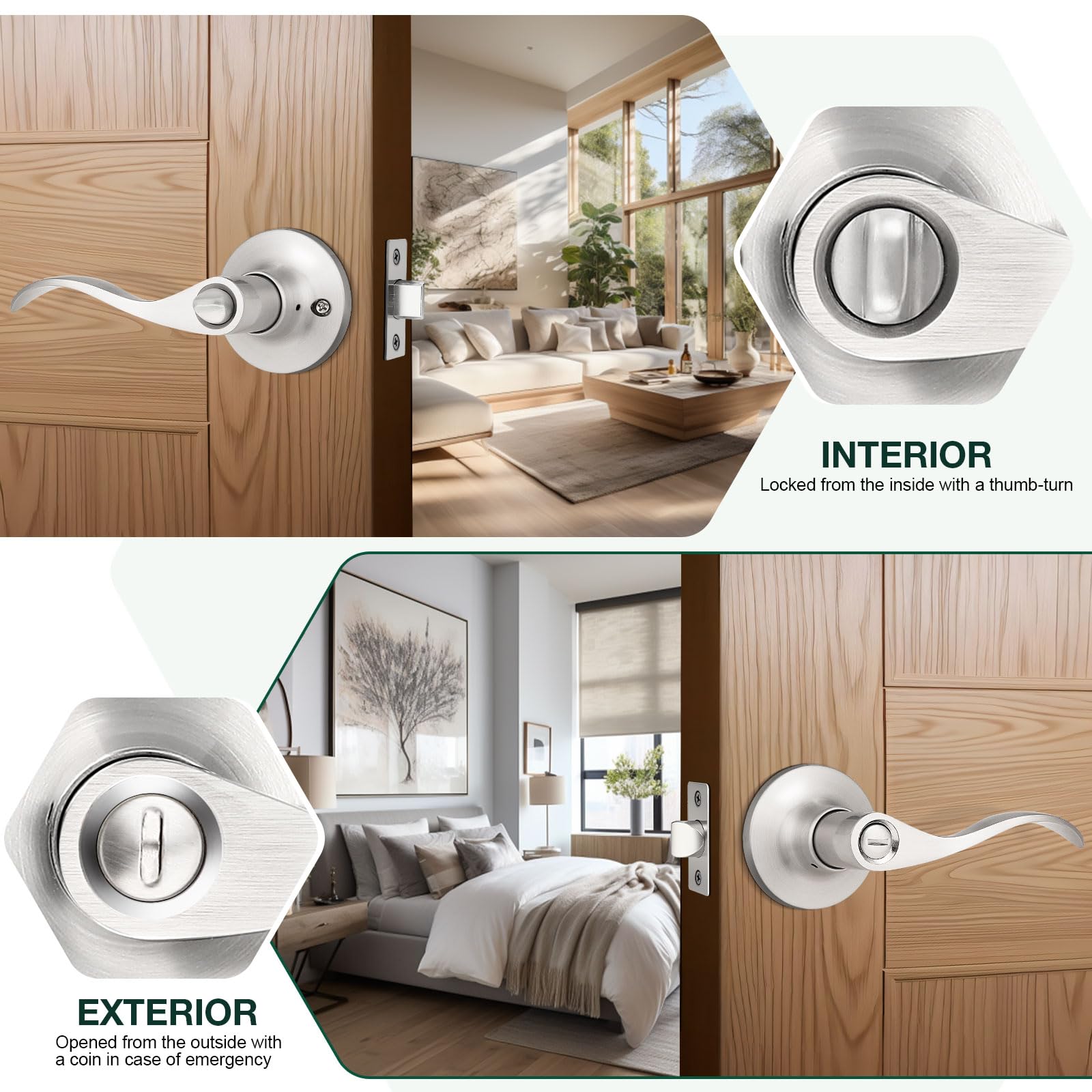 GobeKOR 4-Pack Brushed Nickel Privacy Door Levers - Keyless Interior Door Handles with Lock for Bedroom & Bathroom | Modern Secure Door Locks for Home, Office & Rental Properties