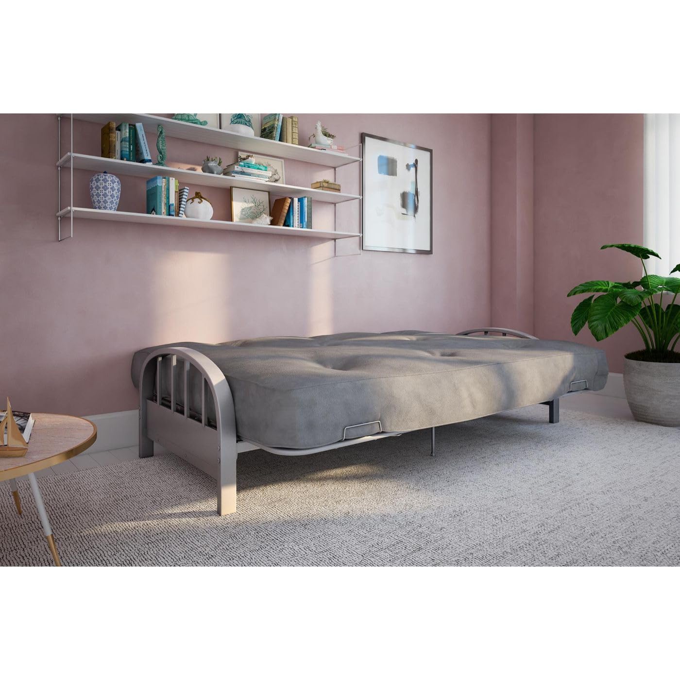DHP Aiden Full Size Metal Futon Frame in Silver - Space Saving Convertible Sofa Bed for Small Apartments, Guest Rooms & Dorm Living