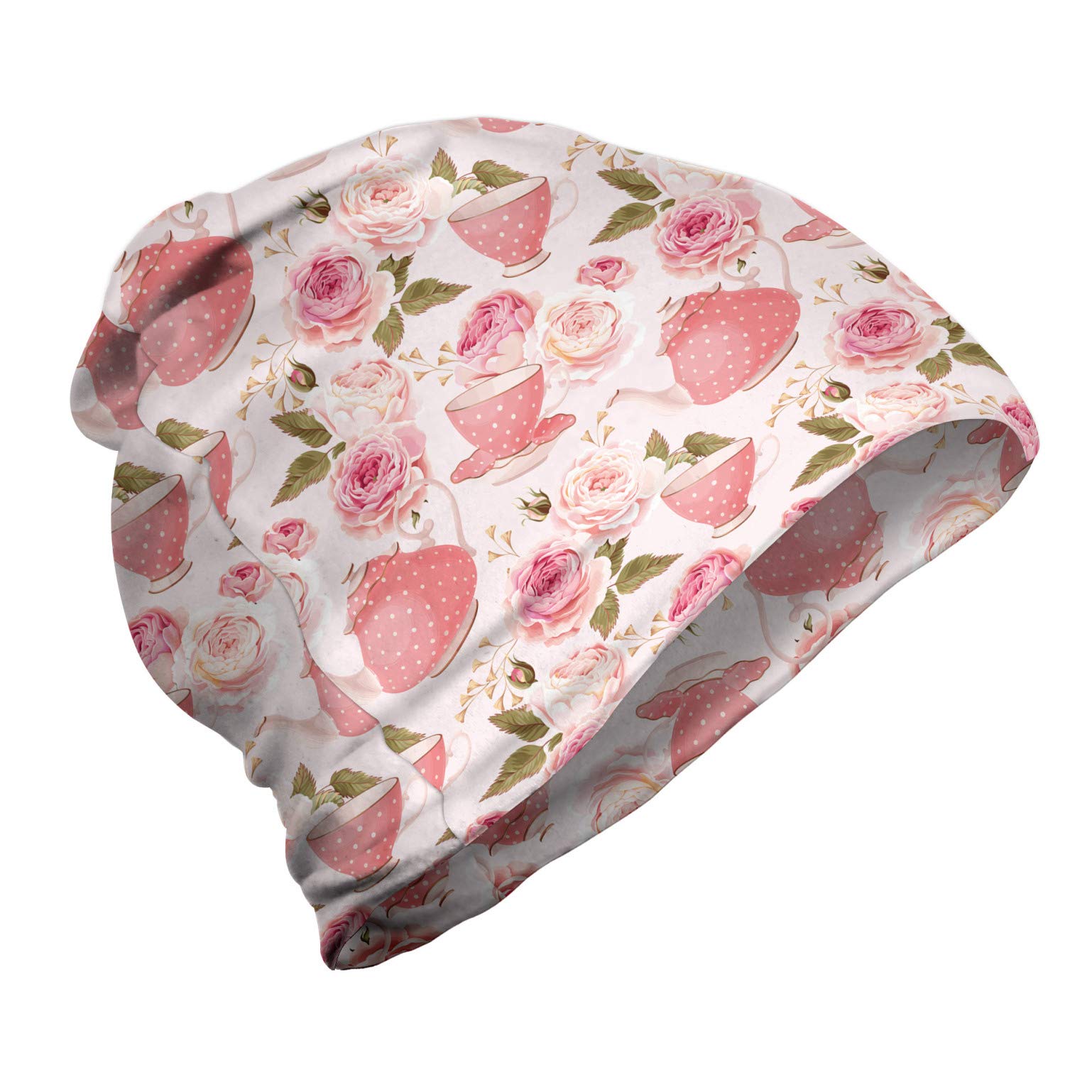 Ambesonne Unisex Beanie - Vintage Tea Cups Roses Design - Warm Winter Hat for Men & Women - Perfect for Hiking, Outdoor Activities & Cold Weather Fashion