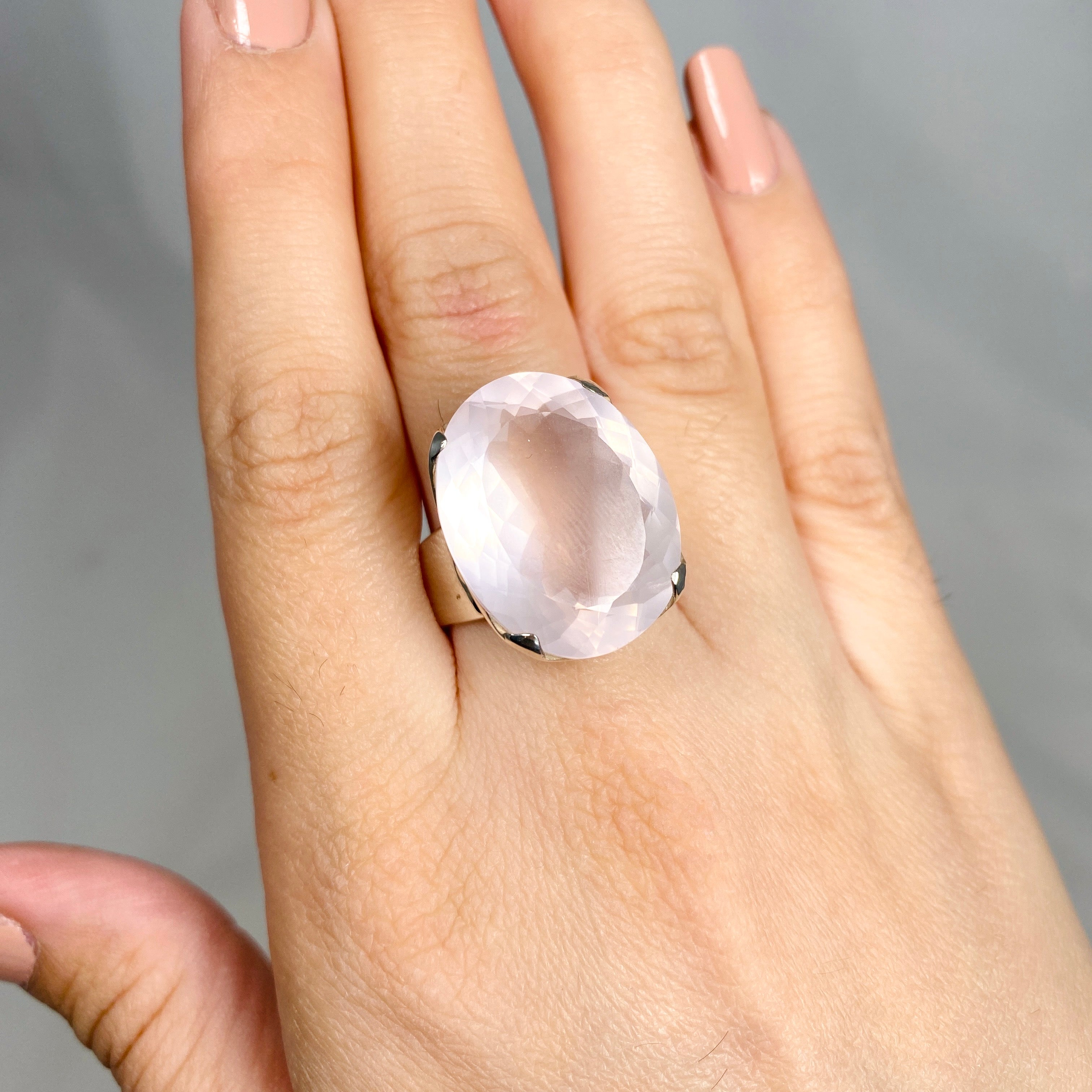Rose Quartz Faceted Oval Ring - Size 10.5 (KRGJ1141) | Elegant Healing Crystal Jewelry for Women, Gift for Her, Wedding, Anniversary & Spiritual Healing