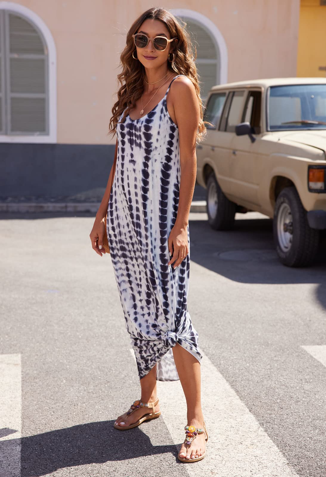Supnier Women's Summer Maxi Dress - Casual V-Neck Sleeveless Bohemian Floral Long Dress with Pockets | Perfect for Beach Vacation, Music Festival & Summer Outings