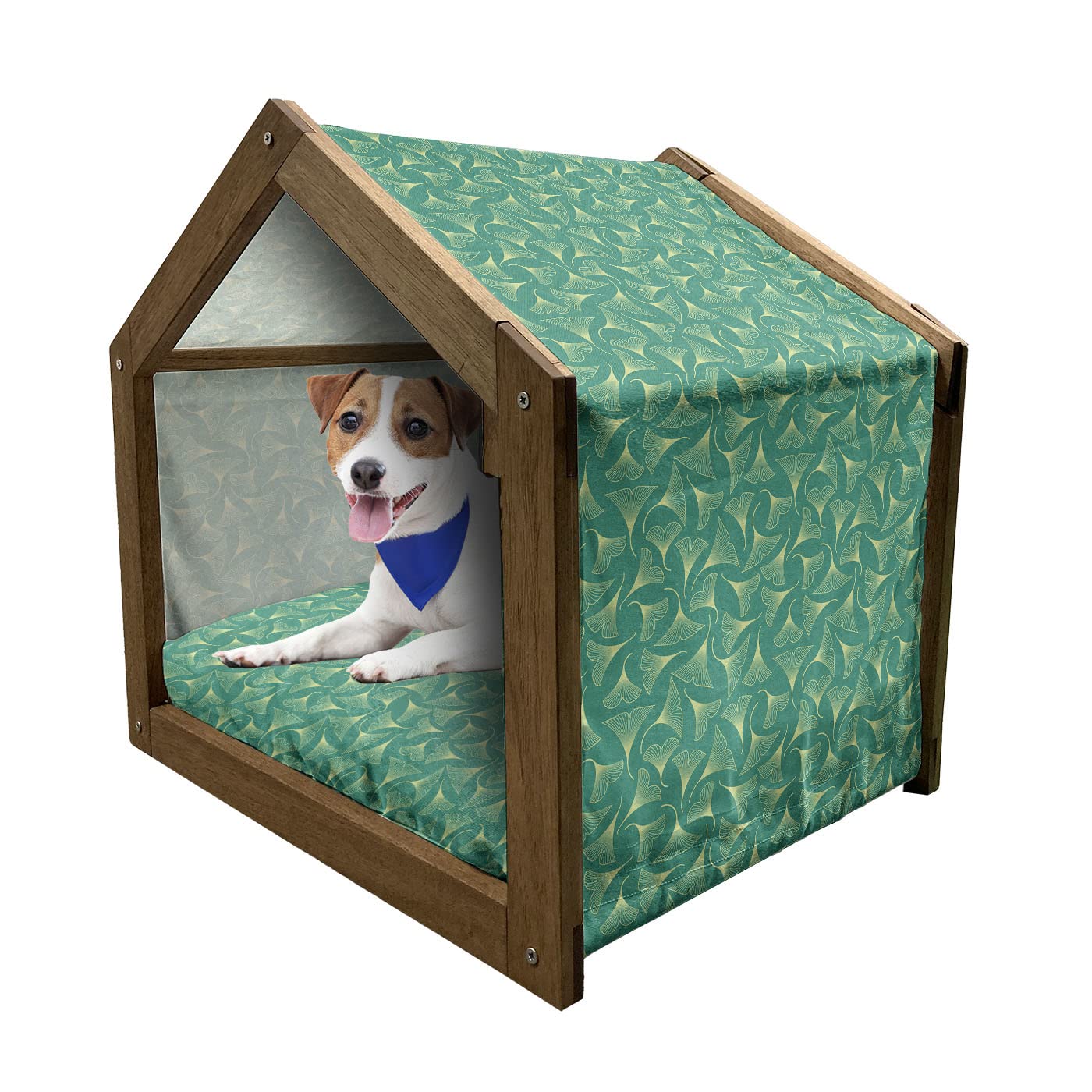 Ambesonne Ginkgo Wooden Pet House with Biloba Leaves Pattern - Indoor & Outdoor Portable Dog Kennel with Pillow & Cover - Large Size in Teal & Pale Yellow - Perfect for Home, Garden, and Travel Use