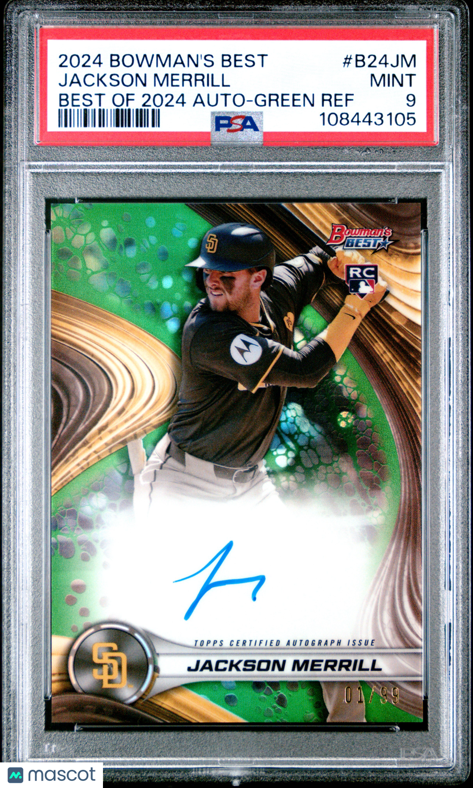 2024 Bowman's Best Jackson Merrill 01/99 Green Refractor Autograph #B24JM PSA 9 Mint Baseball Card - Perfect for Collectors, Investors & Sports Memorabilia Displays