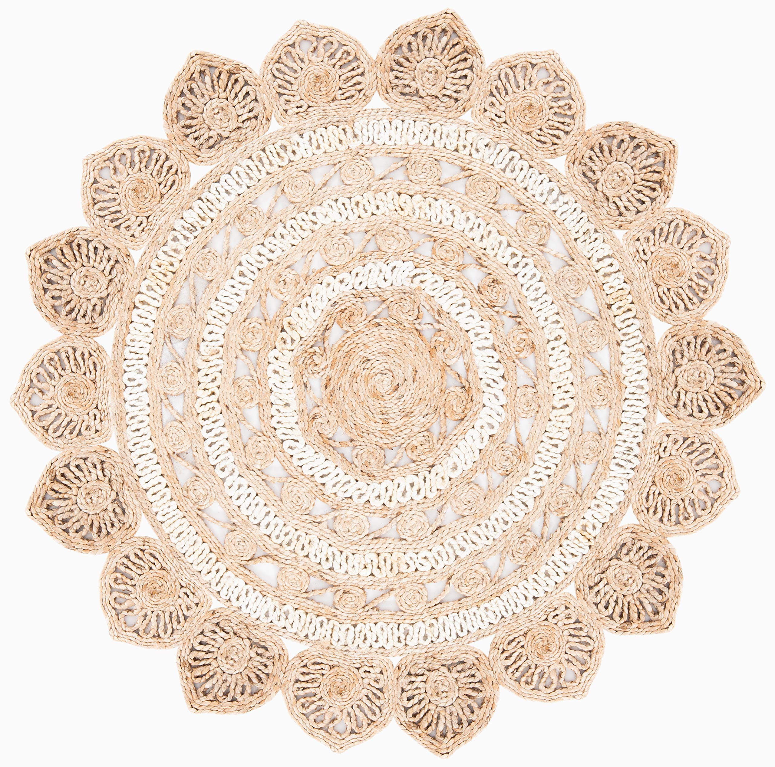 SAFAVIEH Handmade Boho Jute Round Area Rug - 5' Ivory & Natural Farmhouse Rug, Natural Fiber Collection for Living Room & Bedroom, Durable for High Traffic Areas | Perfect for Boho Decor, Cozy Home & Farmhouse Style (NF160B)