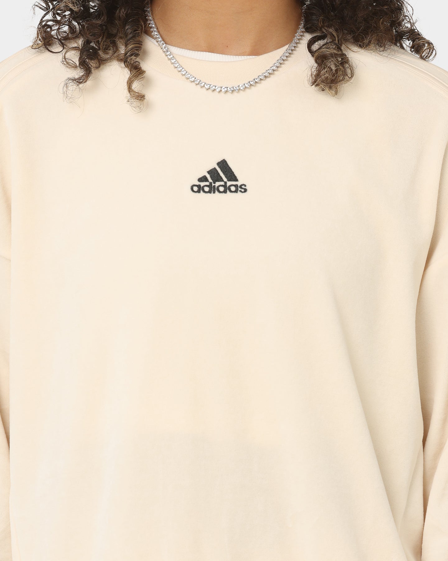 Adidas Women's Velour Crewneck Sweatshirt - Wonder White | Soft & Comfortable Casual Wear for Women | Perfect for Gym, Lounge & Everyday Outfits