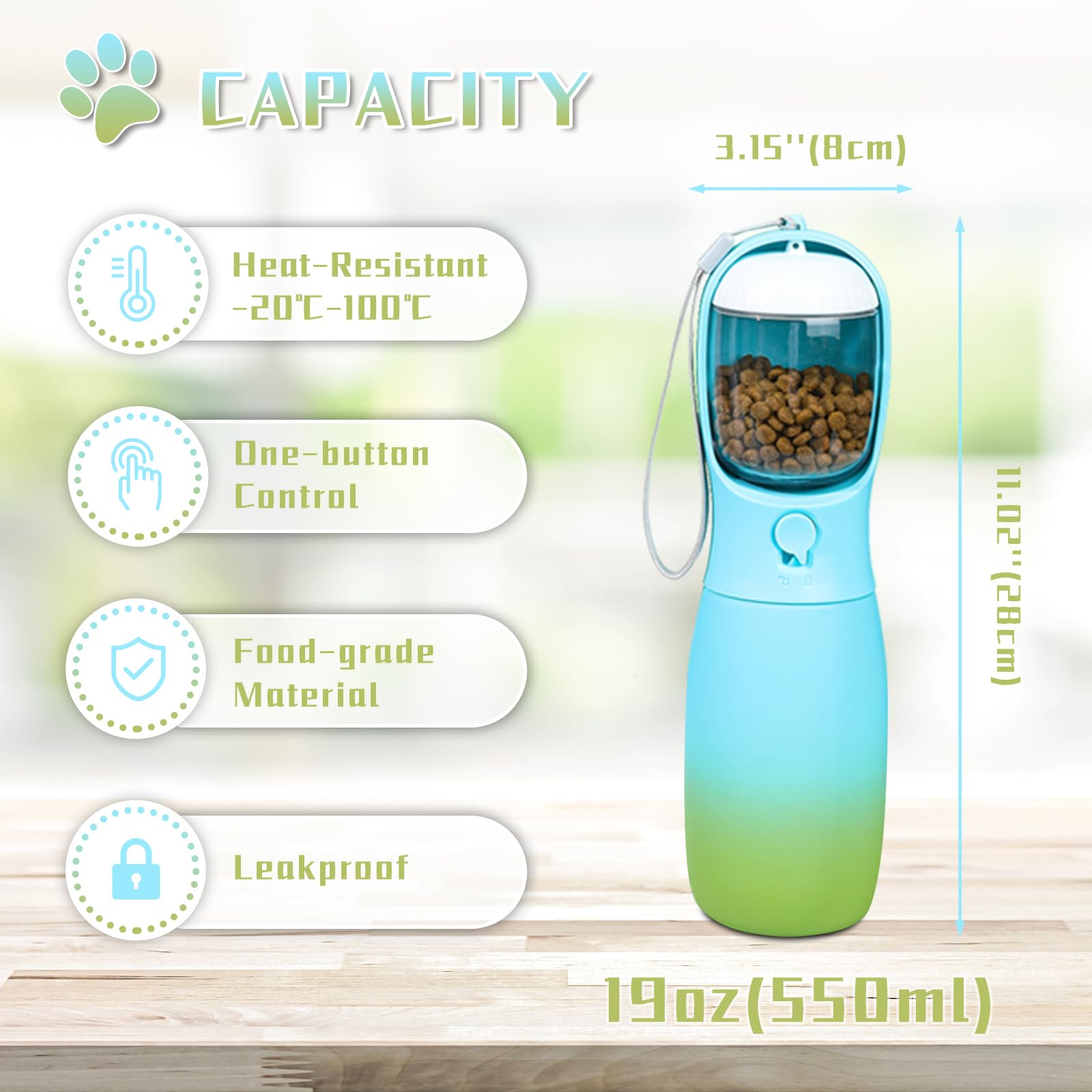 Portable Dog Water Bottle with Food-Grade Bowl - 19Oz Travel Water Dispenser for Small, Medium & Large Dogs - Outdoor Essentials for Hiking, Walking & Travel - Trendy Blue & Green Dog Accessories - Perfect Gift for Pet Lovers
