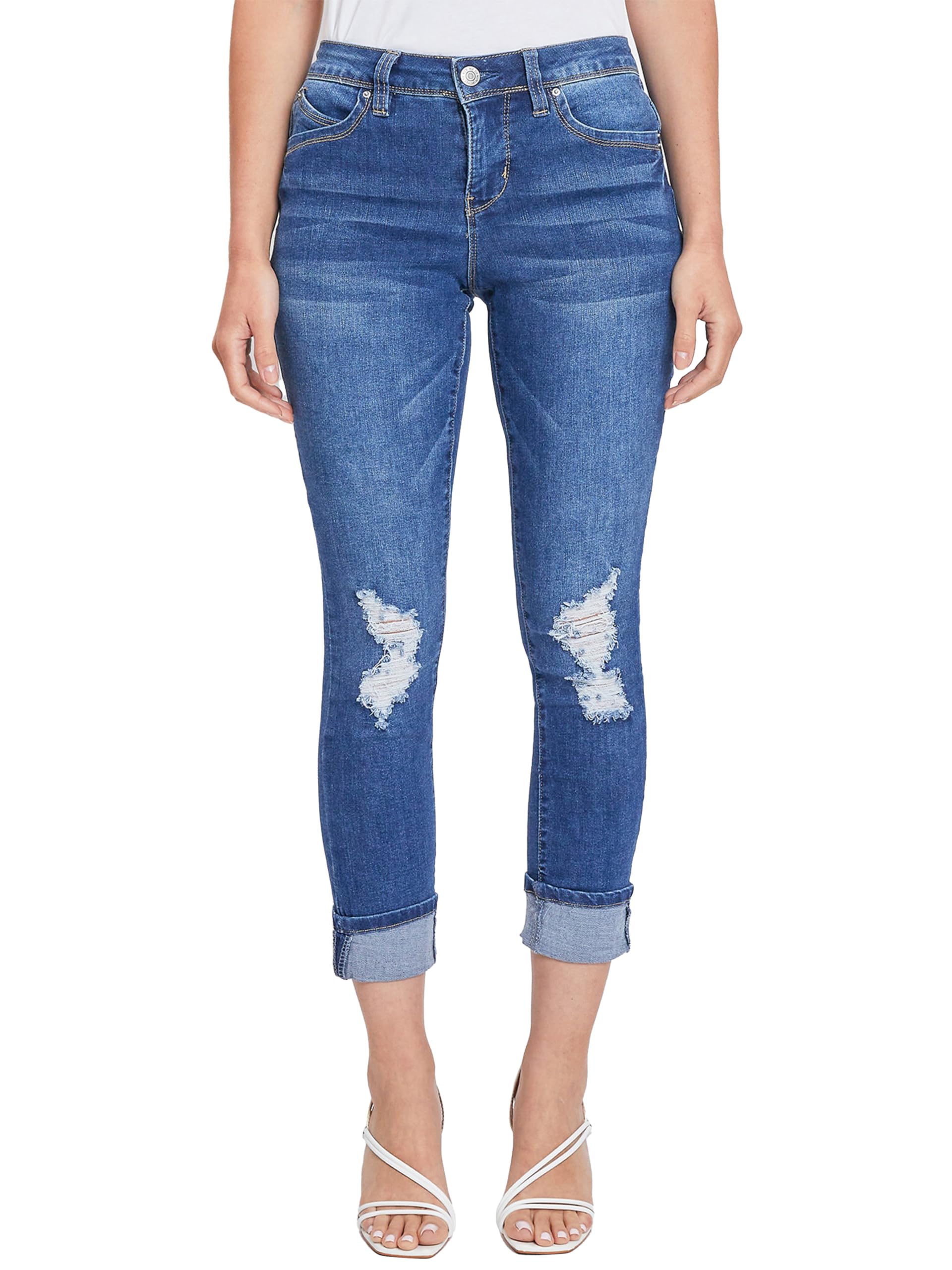 Royalty For Me Women's Petite Stretchy Mid-Rise Skinny Jeans - Sustainable Denim with Mega Cuff Ankle (Medium Wash, Size 14) | Perfect for Casual Wear, Date Nights & Office Outfits