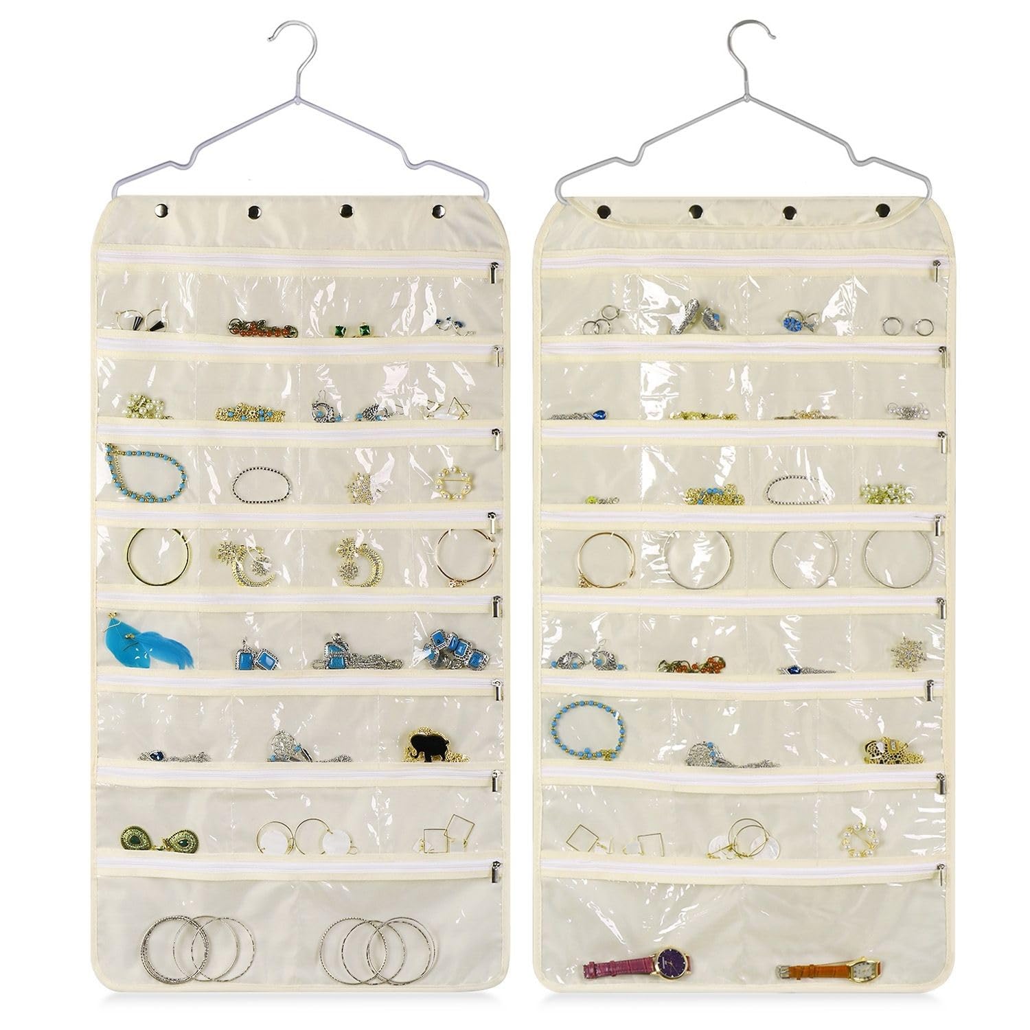 Flexzion Hanging Jewelry Organizer with 56 Zippered Pockets - Dual-Sided Closet Storage for Earrings, Bracelets, Watches & Rings (1 Pack, Beige) | Perfect for Bedroom, Closet & Travel Jewelry Organization