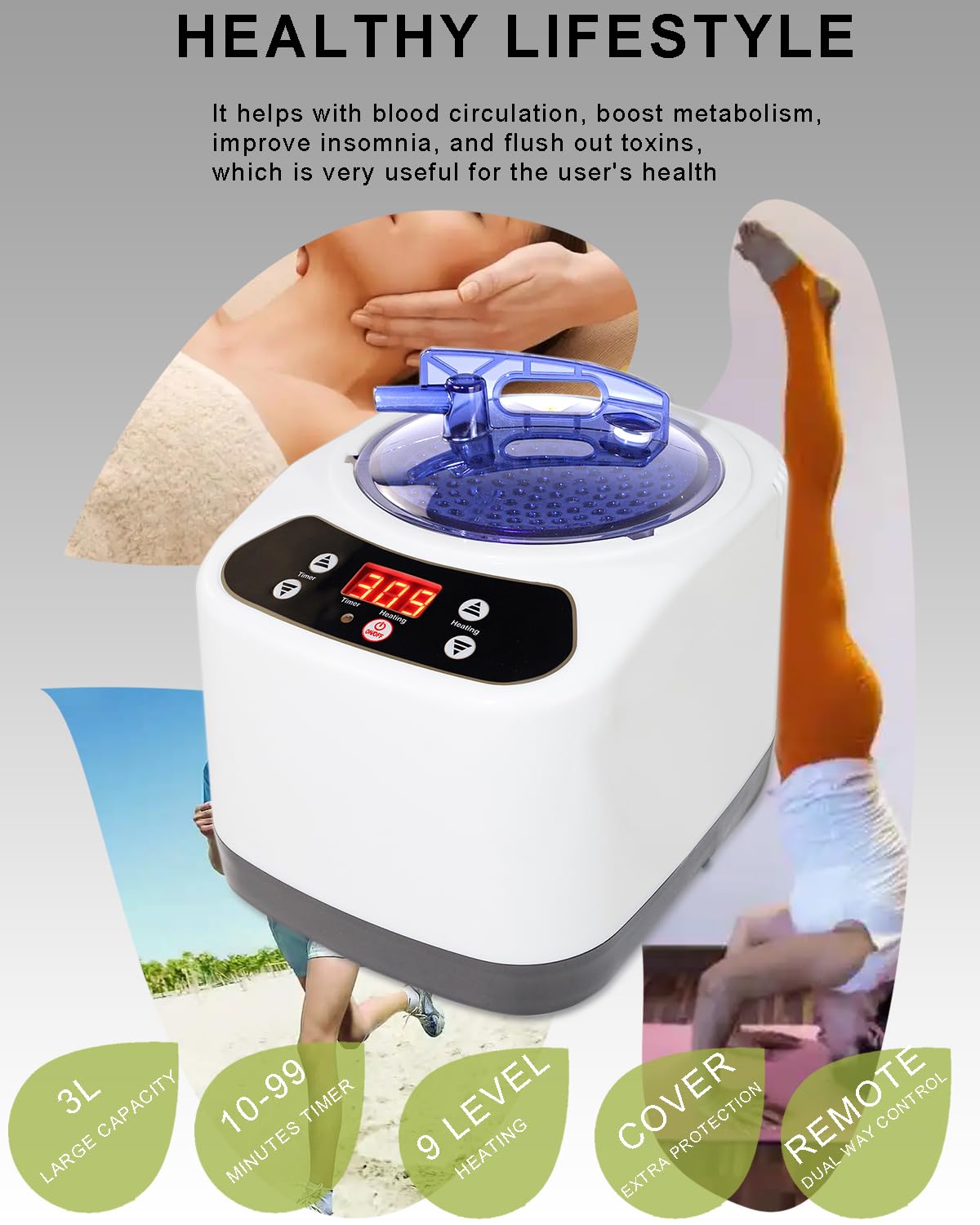 Portable 3L Sauna Steamer Pot - Lightweight Large Capacity Home Spa Machine with Remote Control, Timer & Temperature Display - Perfect for Relaxation, Detox & Skin Care at Home