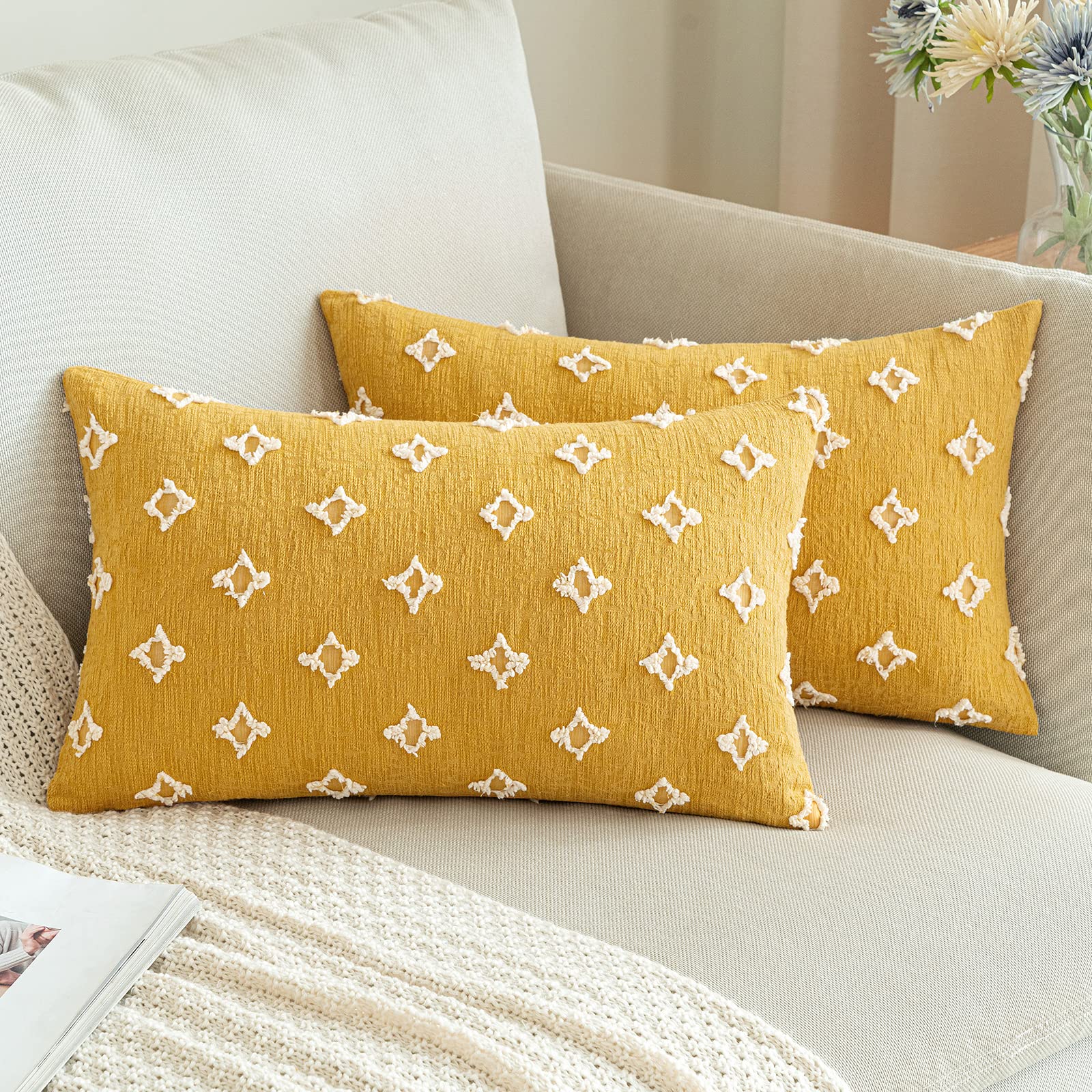 ANRODUO 2 Pack Yellow Boho Decorative Throw Pillow Covers - Tufted Rhombic Jacquard Design, 12x20 Inches, Soft Couch Pillow Cases for Living Room, Sofa, Bedroom - Perfect for Spring Home Decor and Bohemian Style Interior Design