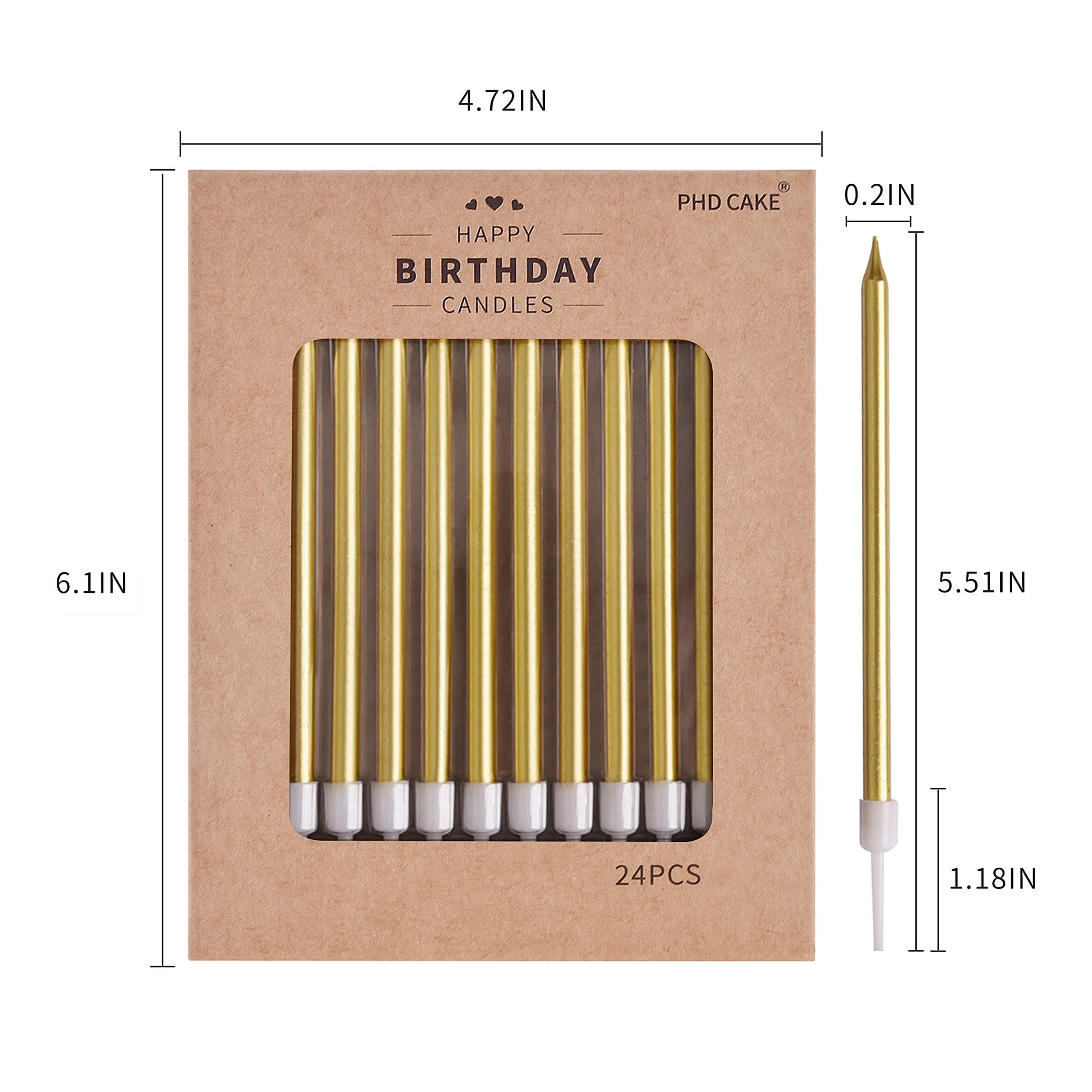 PHD CAKE Gold Long Thin Metallic Birthday Candles - Elegant Cake Candles for Birthday Parties, Wedding Decorations & Special Events - Perfect for Cakes, Cupcakes and Dessert Displays