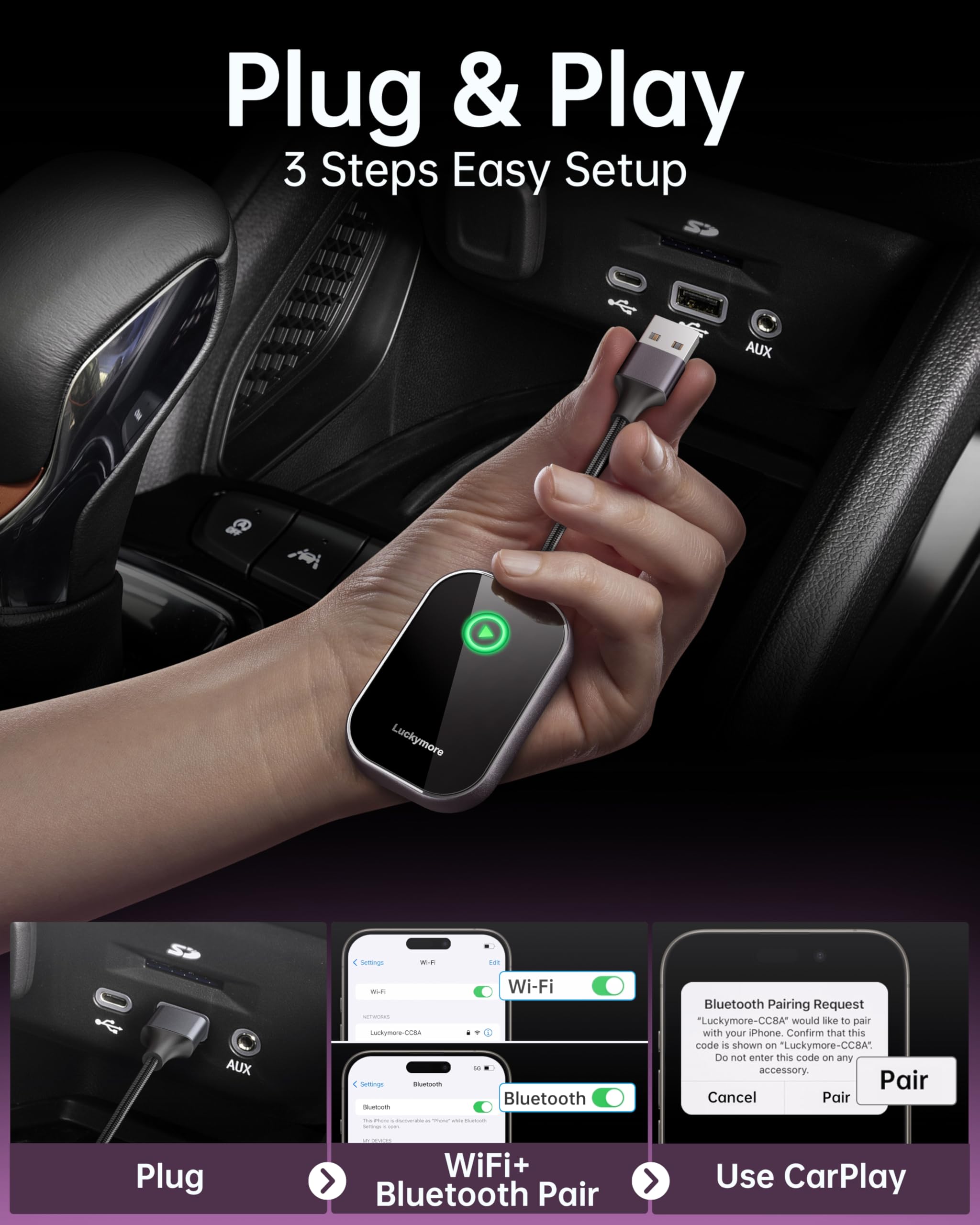 Luckymore Wireless CarPlay Adapter - Convert Wired to Wireless CarPlay Dongle for iPhone iOS 10+ | Plug & Play | Compatible with Cars 2017+ | Seamless Music & Navigation for Commuting & Road Trips