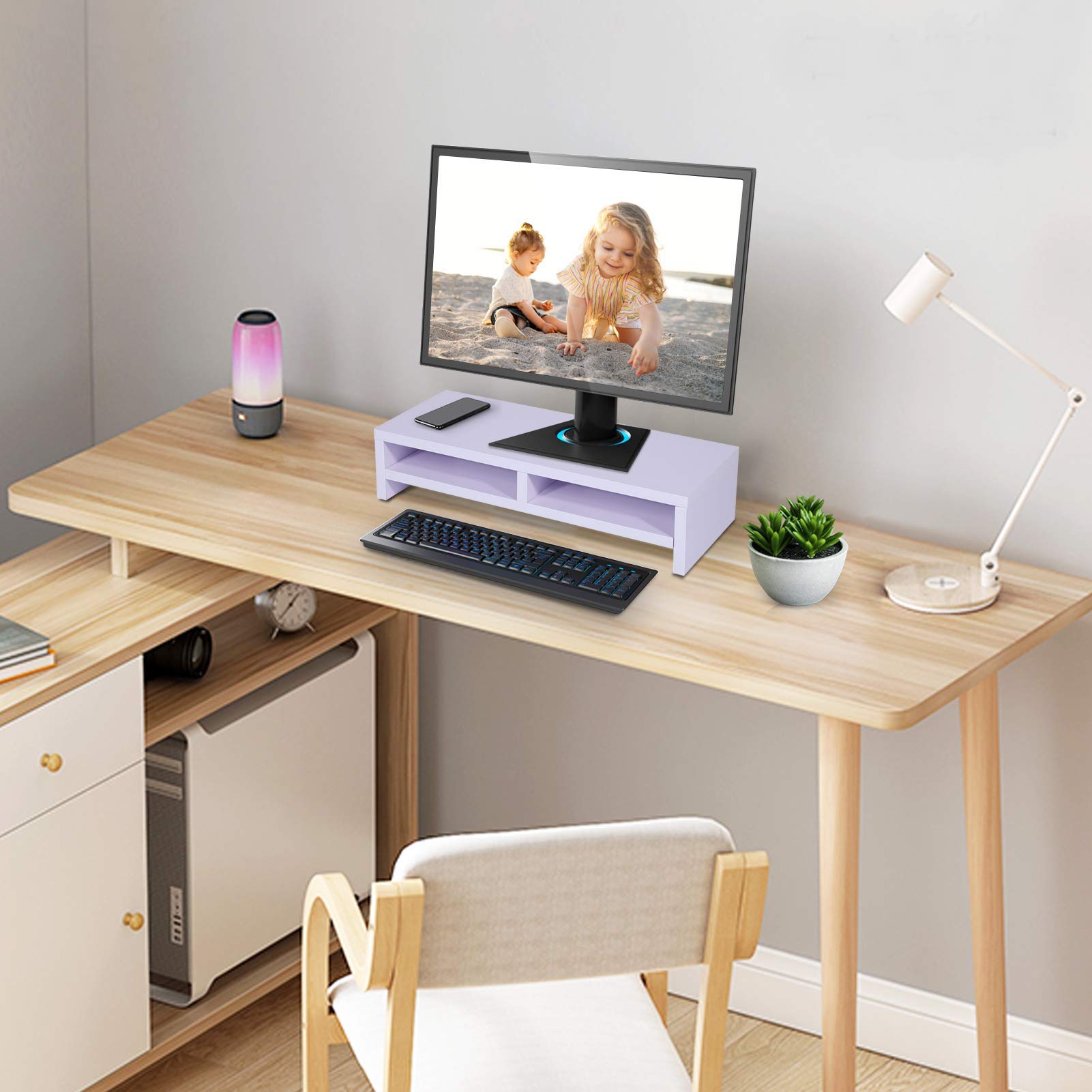 2-Tier Solid Wood Monitor Riser Stand with Storage Grids - 19.7