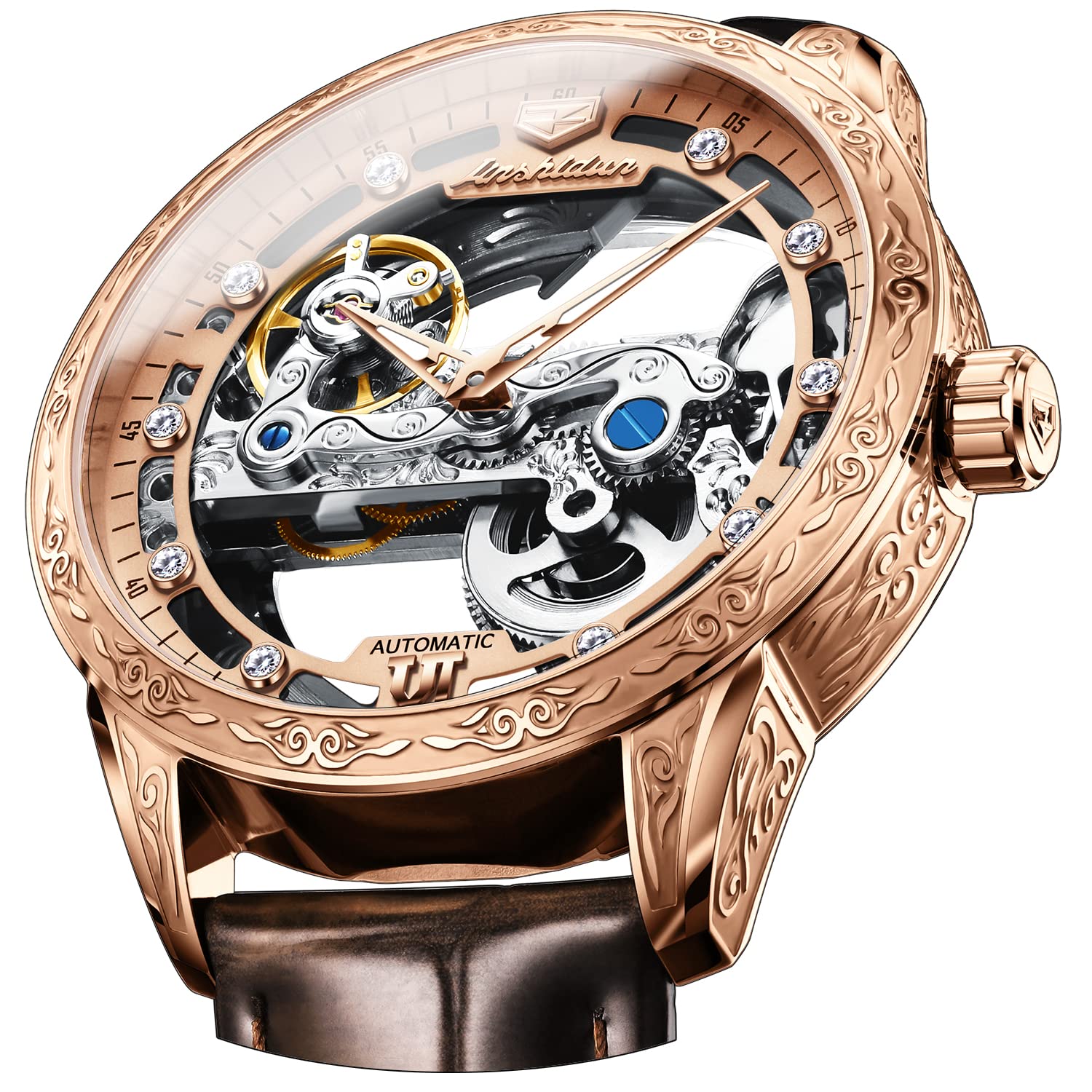 OLEVS Men's Skeleton Automatic Mechanical Watch - Self-Winding Dress Watch with Luminous Hands, Waterproof Leather Strap - Perfect for Business, Formal Events & Luxury Gifts