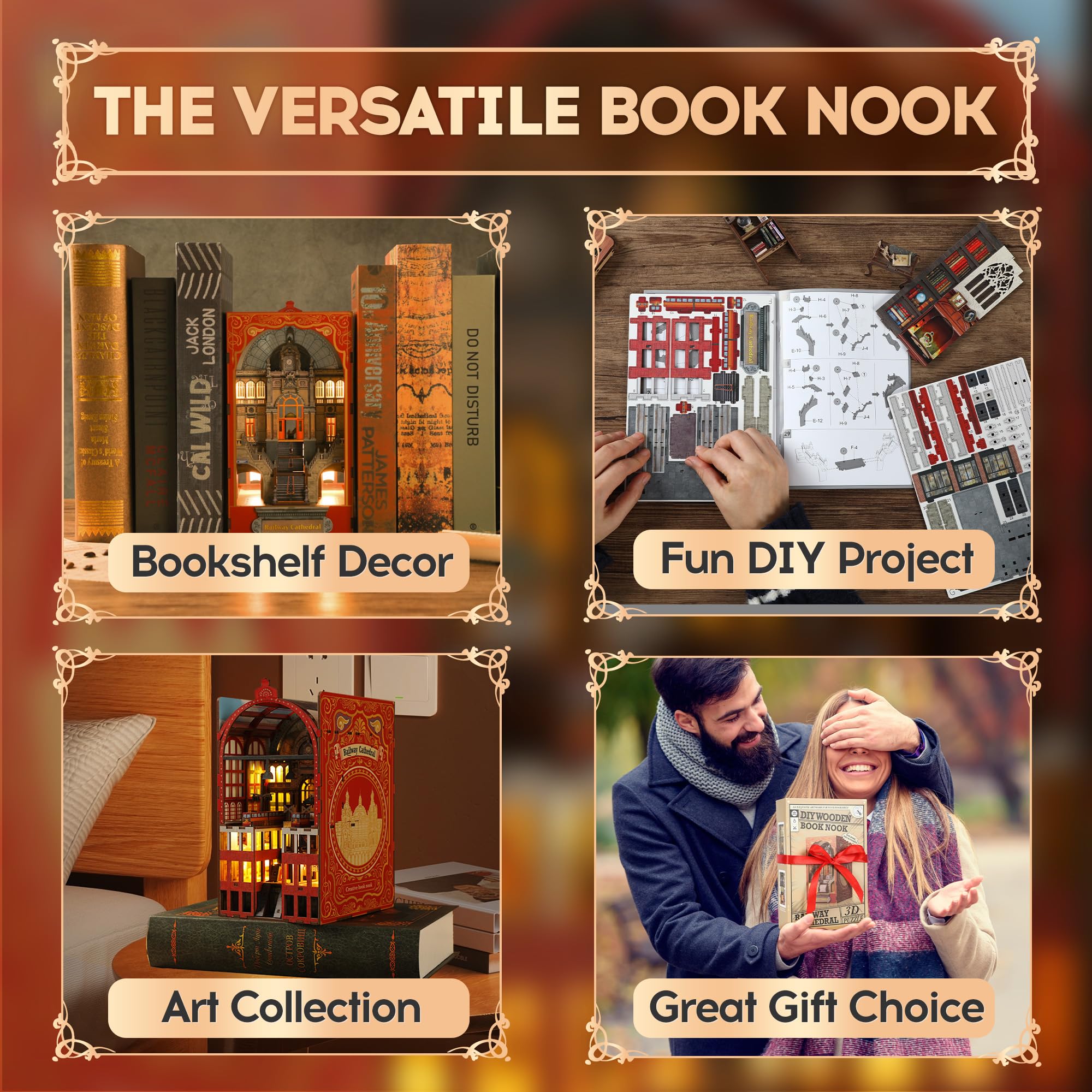 DIY Book Nook Kit for Adults - 3D Wooden Miniature Dollhouse Puzzle with LED Lights | Creative Bookend & Bookshelf Decor | Perfect Gift for Teens & Adults (Railway Cathedral Theme) | Great for Home Office, Reading Nooks & Book Lover Gifts