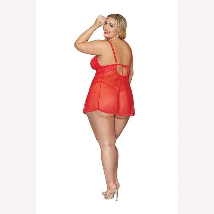 Sexy Lace & Mesh Babydoll & G-String Set in Lipstick Red - Plus Size Lingerie for Women | Romantic Nightwear, Boudoir Photo Shoot, Valentine's Gift