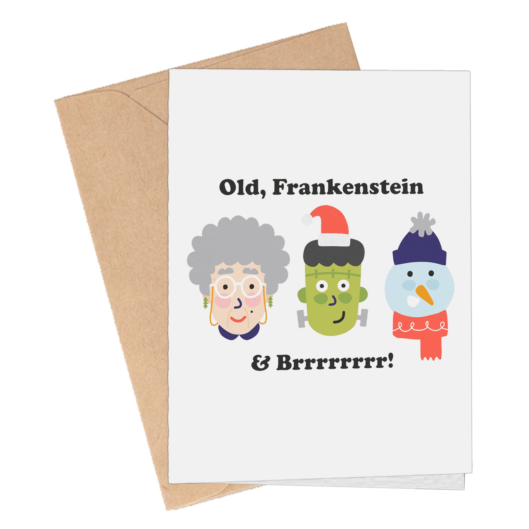 Old Frankenstein & Brrr Gold Frankincense Myrrh Christmas Card Set - 3 Pack Funny Pun Greeting Cards for Holiday Parties, Gift Exchanges & Festive Decorations