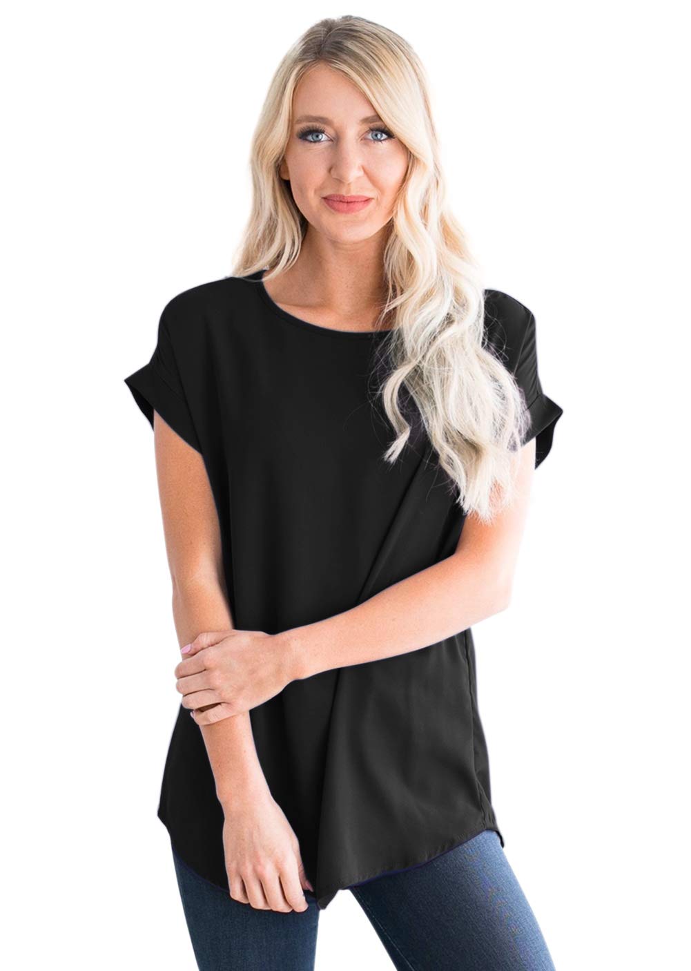Women's Casual Loose Cuff-Sleeve Crew Neck Chiffon Blouse Tunic Top - Perfect for Office Wear, Summer Outfits & Everyday Comfort