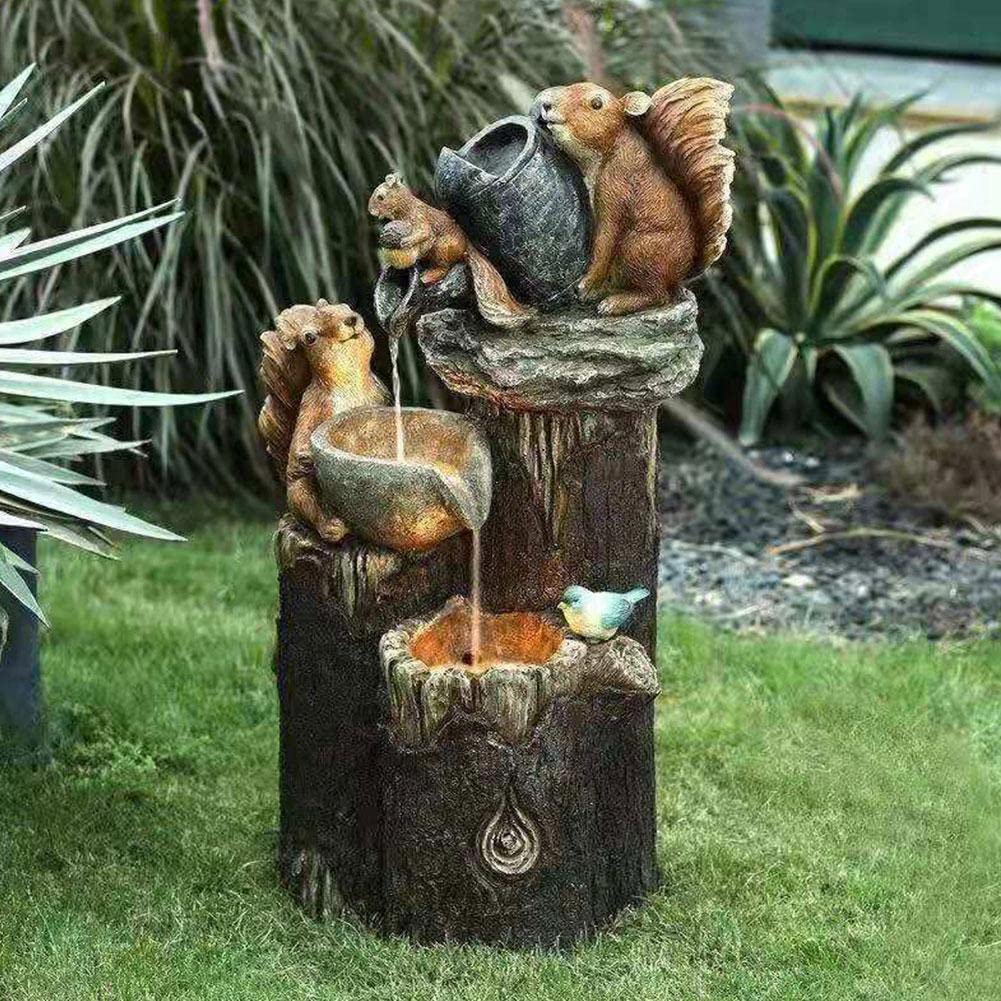 Solar Garden Statue Lights - Resin Duck & Squirrel Water Fountain Sculpture for Outdoor Patio Decor, Landscape Artcraft with Mama Duck & 4 Ducklings - Perfect for Backyard, Lawn, Garden Pathway & Poolside Decoration