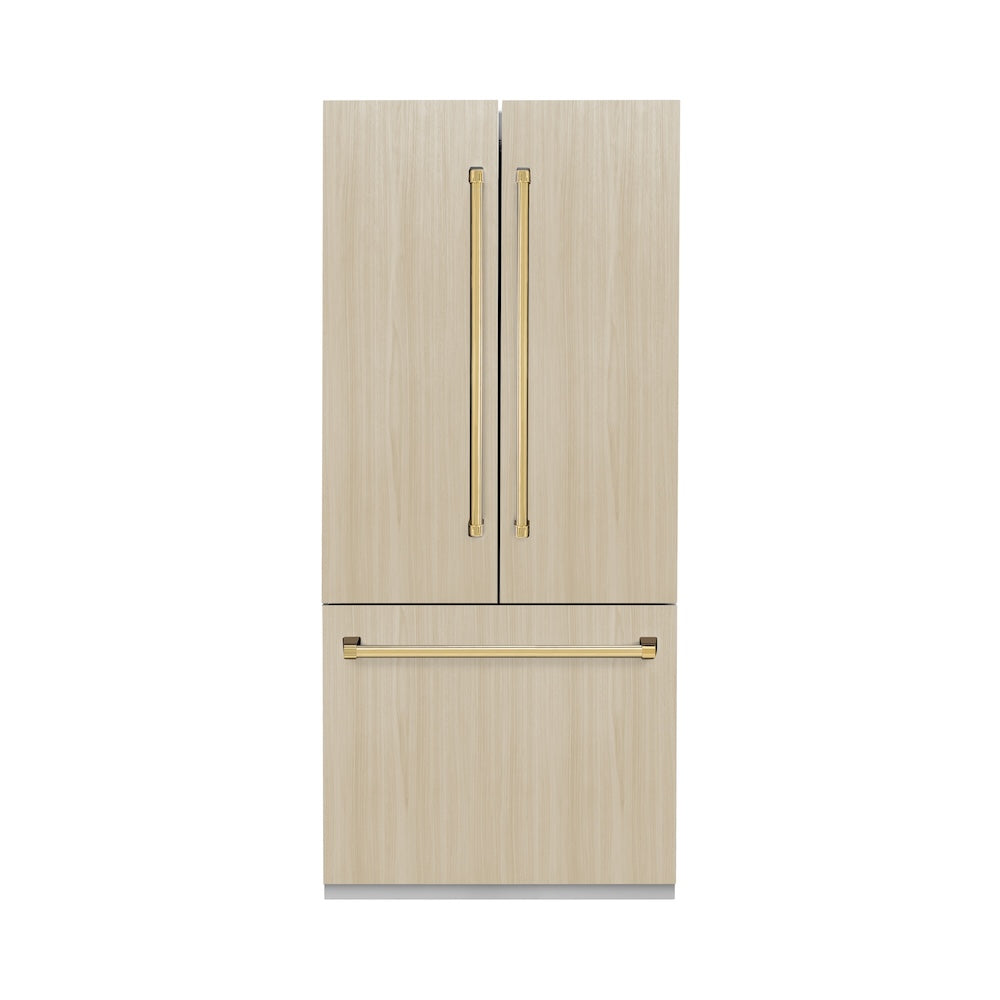 ZLINE Autograph Edition 36 Inch Panel Ready French Door Built-In Refrigerator - 19.6 cu.ft Capacity, Bottom Freezer, Water Dispenser & Ice Maker with Polished Gold Accents (RBIVZ 36 G) - Perfect for Modern Kitchens, Luxury Homes & Gourmet Cooking Spaces