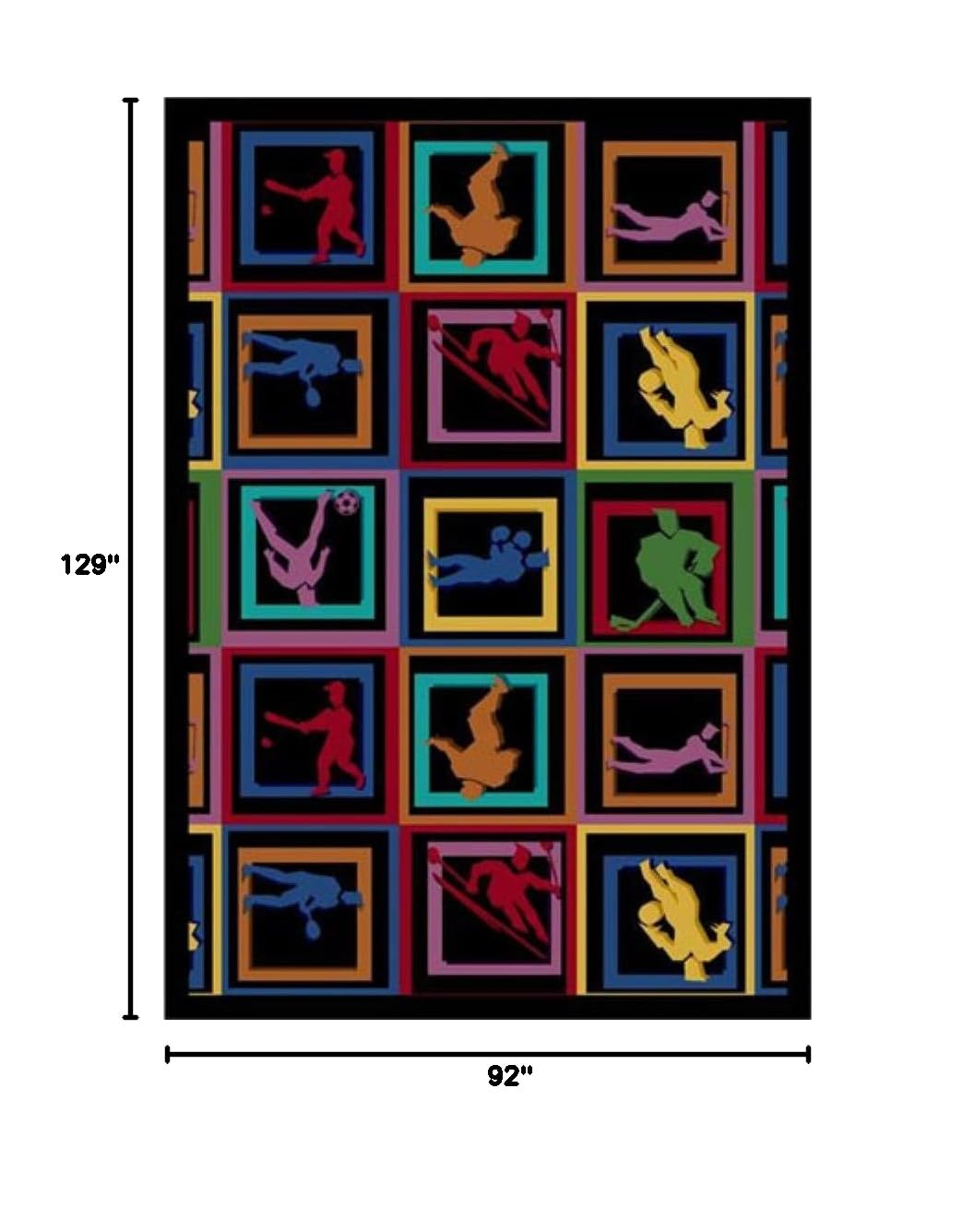 Joy Carpets Sports Fan Let The Games Begin Multicolored Area Rug - Perfect for Game Rooms, Living Rooms, and Sports-Themed Spaces