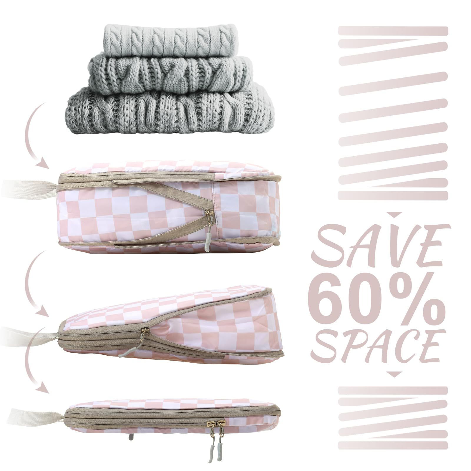 WOOMADA 4-Piece Compression Packing Cubes Set - Expandable Travel Organizer for Suitcases & Luggage (Pink Checkerboard) | Perfect for Business Trips, Vacations & Weekend Getaways