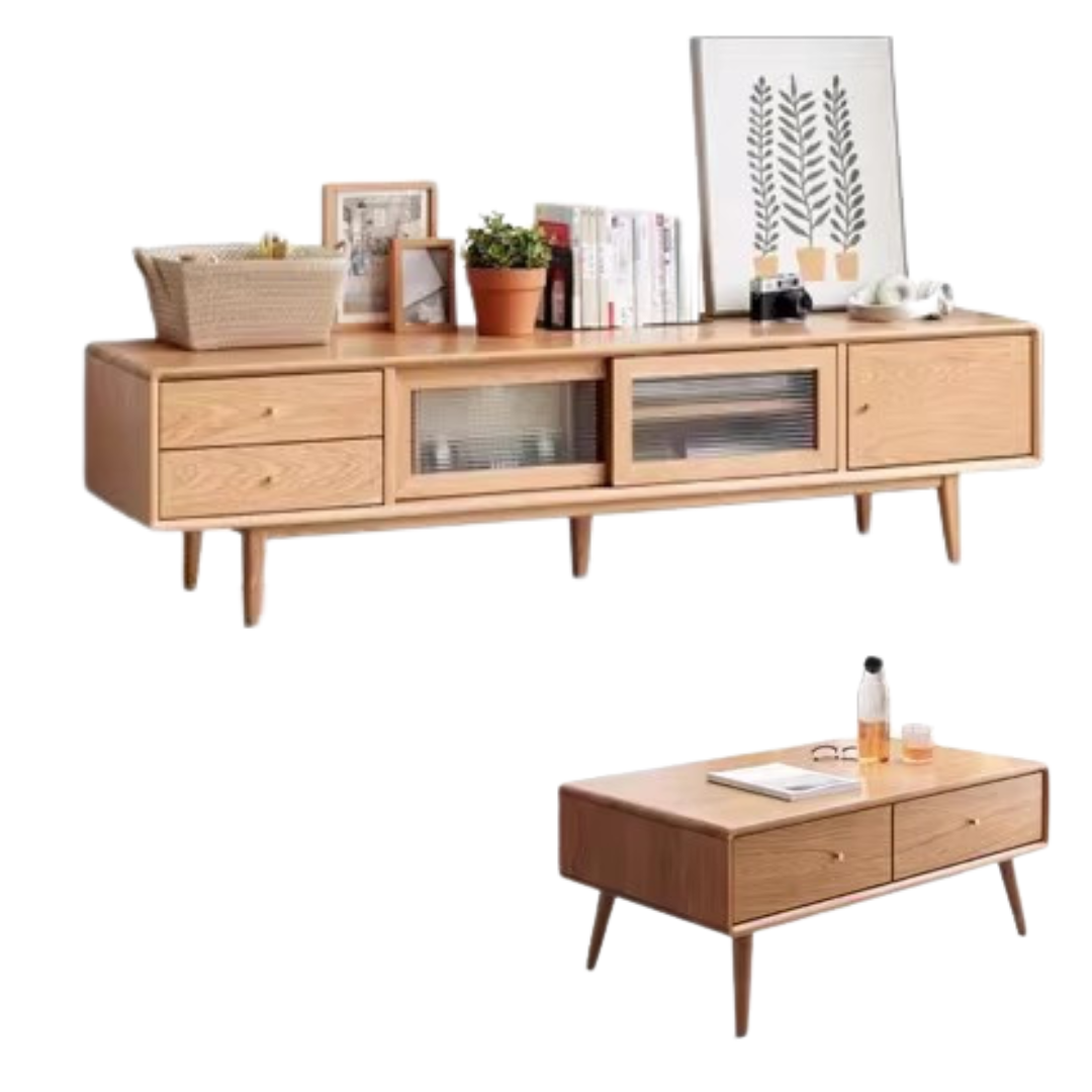 Solid Oak Wood TV Stand with Sliding Doors - Modern Entertainment Center for Living Room, Bedroom & Home Theater