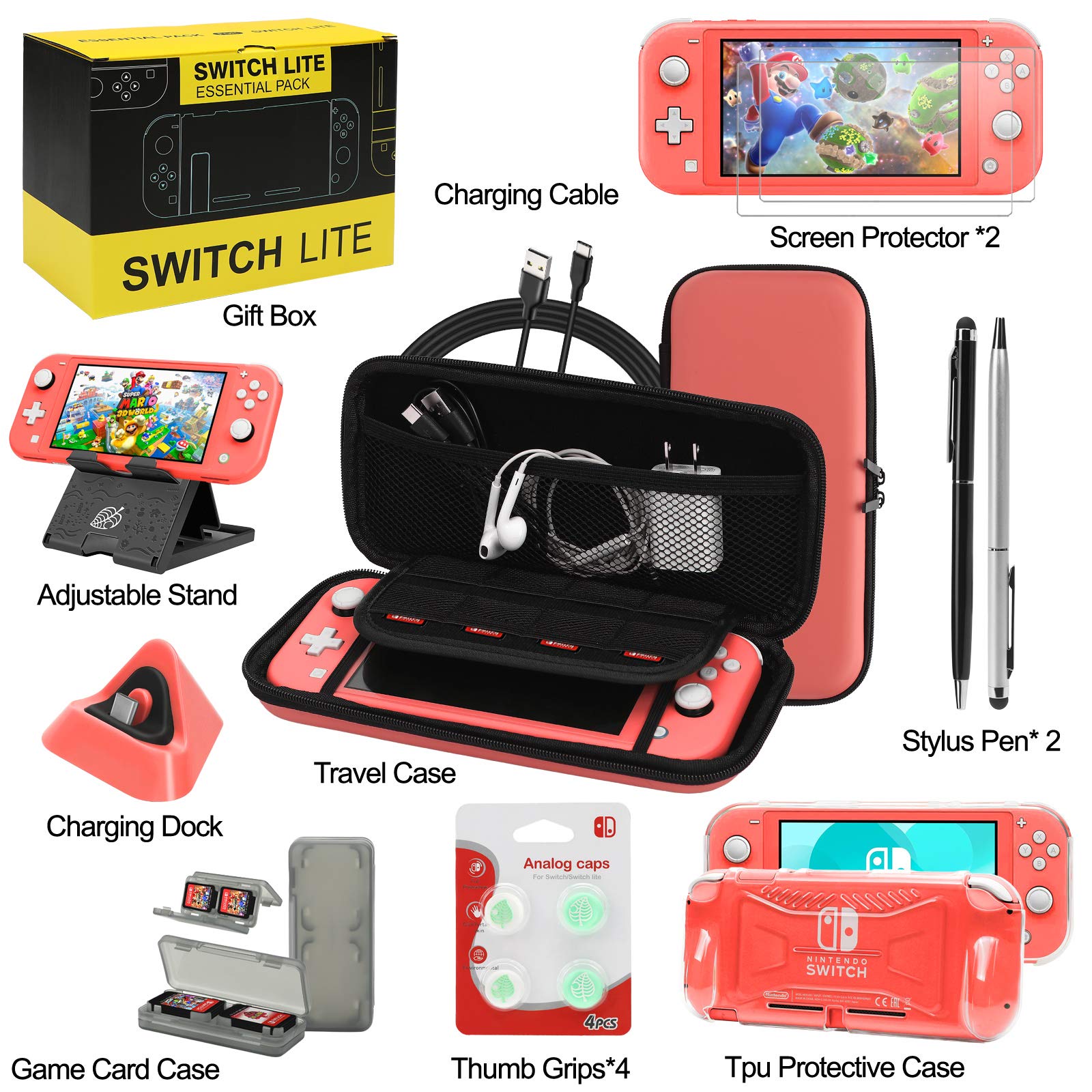 Nintendo Switch Lite Accessories Bundle - Protective TPU Case, Carrying Case, Screen Protector, Charging Dock, Playstand, Game Case, USB Cable, Stylus & Thumb Grips | Perfect for Travel, Gaming On-The-Go & Home Entertainment