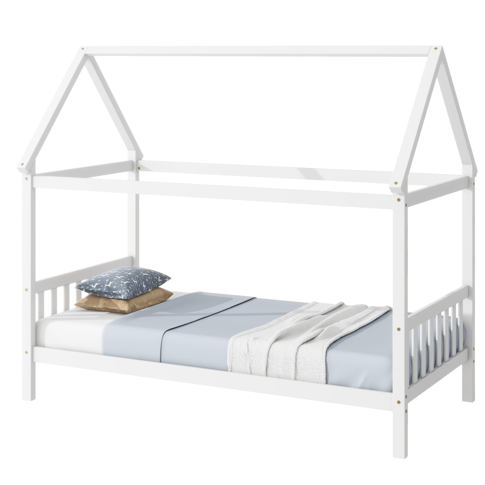 Montessori Twin Size House Bed for Kids - Solid Rubber Wood Platform Bed with Headboard, Footboard & Roof - Low Profile Bed Frame for Girls, Boys & Teens - Ideal for Bedrooms, Playrooms & Montessori Learning Spaces - White