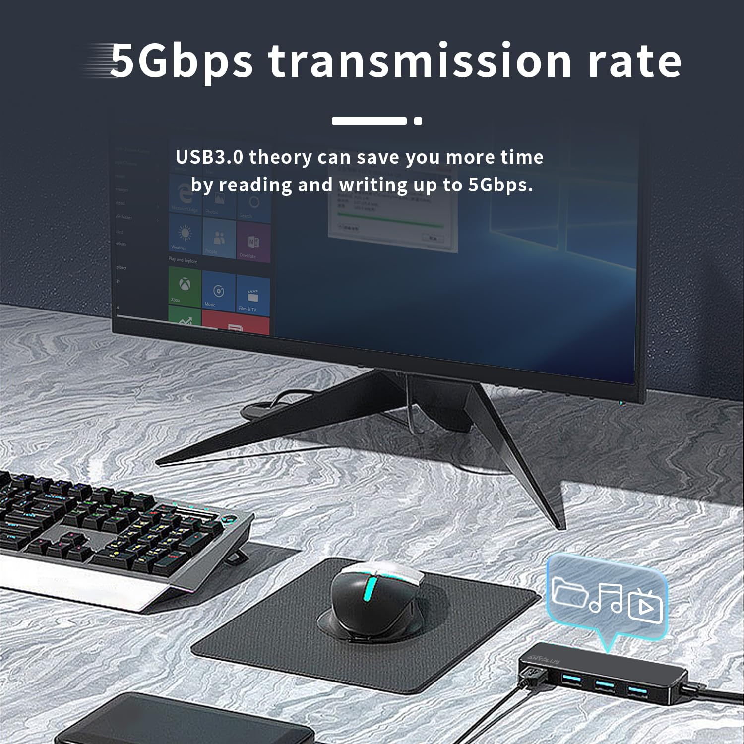 4-Port USB 3.0 Hub Splitter Adapter - High-Speed Data Transfer for Laptop, PC, Xbox, PS5, Printer & External HDD | Portable Multi-Port Expander for Home Office, Gaming & Workstation Setup