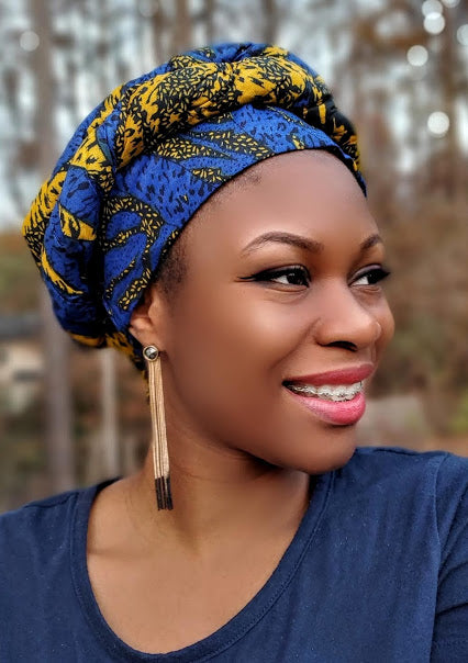 African Print Pre-Tied Headwrap Scarf - Blue & Yellow Geometric Design (DP4071PT) for Women's Fashion, Hair Accessory & Cultural Style