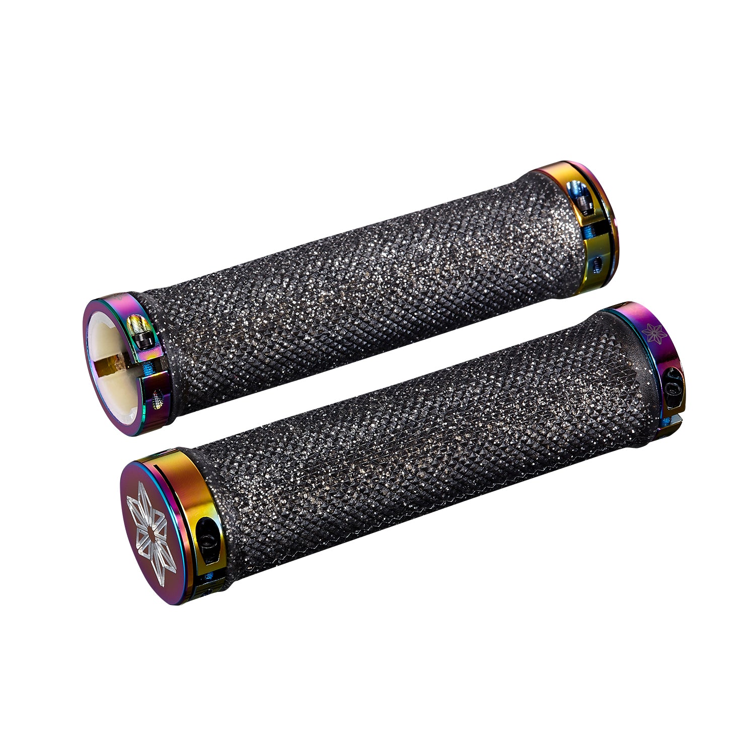 Supacaz Diamond Kush Dual Lock MTB Bike Grips - Black / Oil Slick DH Star Ringz - Premium Mountain Biking Handlebar Grips for Downhill & Trail Riding